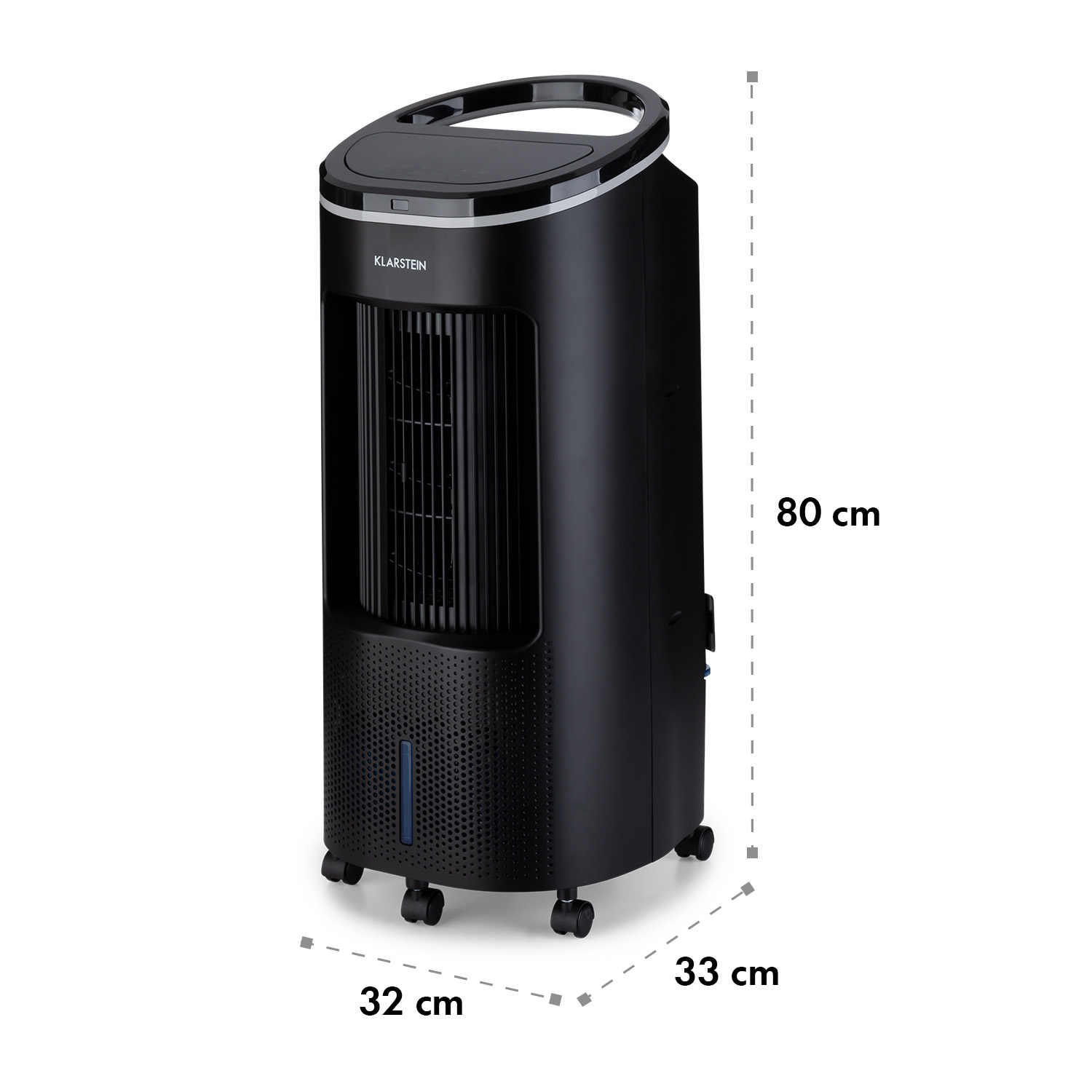 Raffreddatore d'aria nero con dimensioni: 32 cm, 33 cm e 80 cm, su ruote.