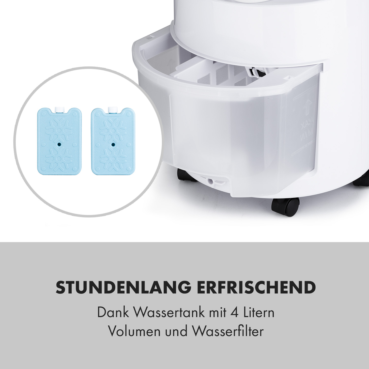 Nahaufnahme eines Luftkühlers mit Kühlakkus und Wassertank. Text: 