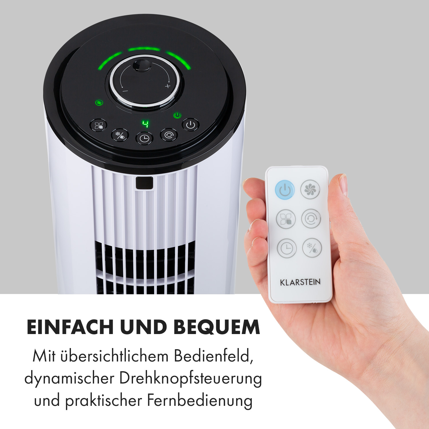 Weißer Luftventilator mit Fernbedienung. Text: „Einfach und bequem“.