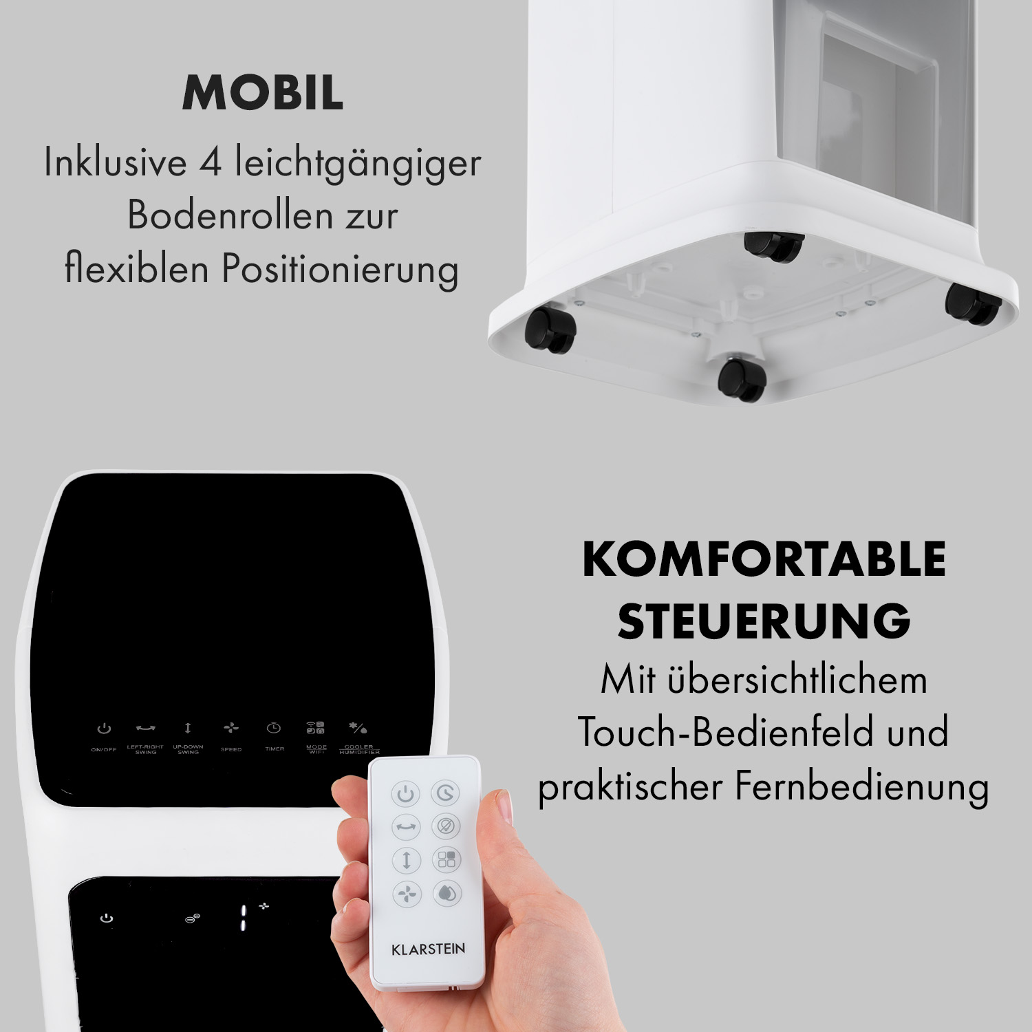 Weißer Luftkühler mit Touch-Panel und Fernbedienung. Er hat Räder für einfaches Bewegen.