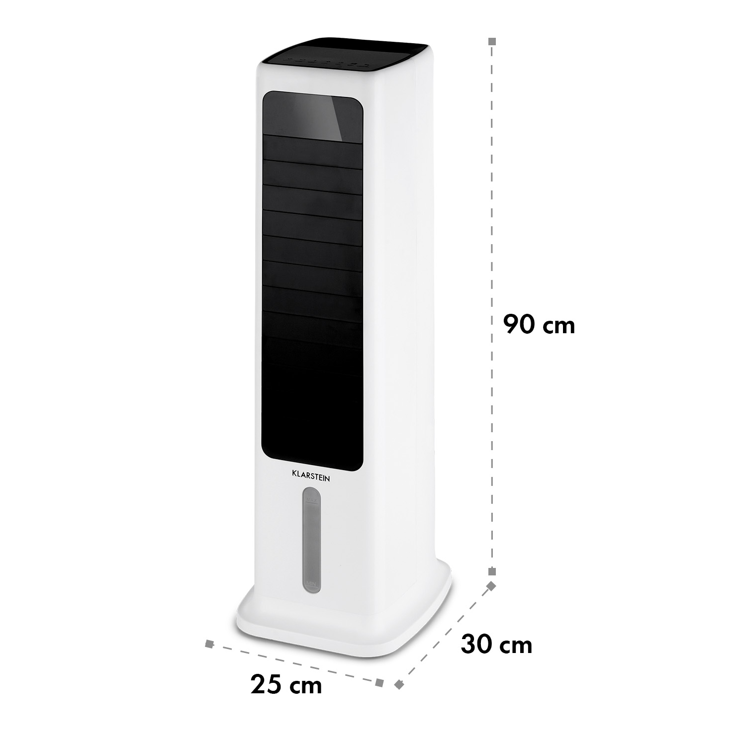 Weißer Turm-Luftkühler. Abmessungen: 90 cm hoch, 25 cm breit und 30 cm tief. Klarstein-Logo.