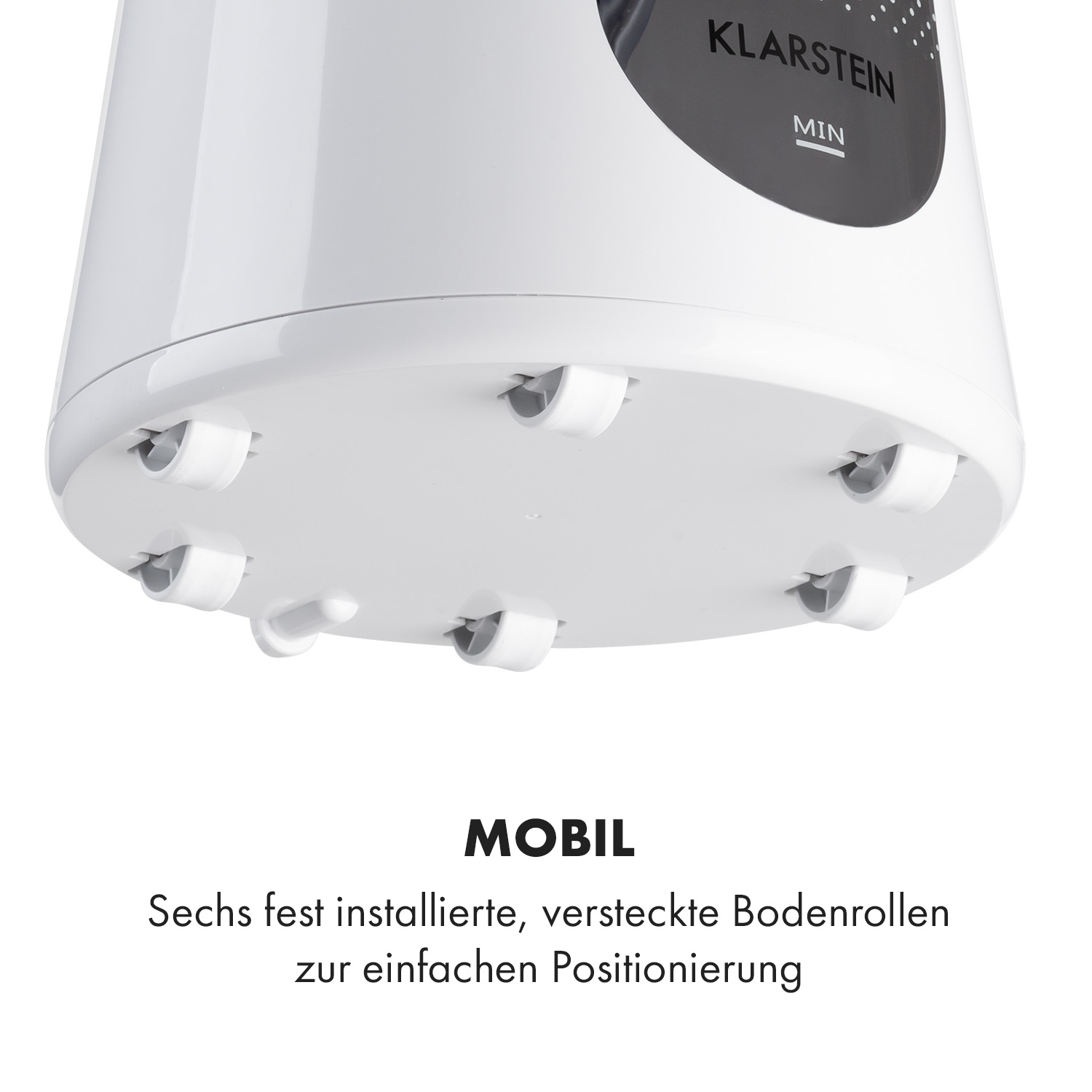 Weißer Luftreiniger mit Rollen, Text: 'MOBIL' und deutscher Text, der die Rollen beschreibt.