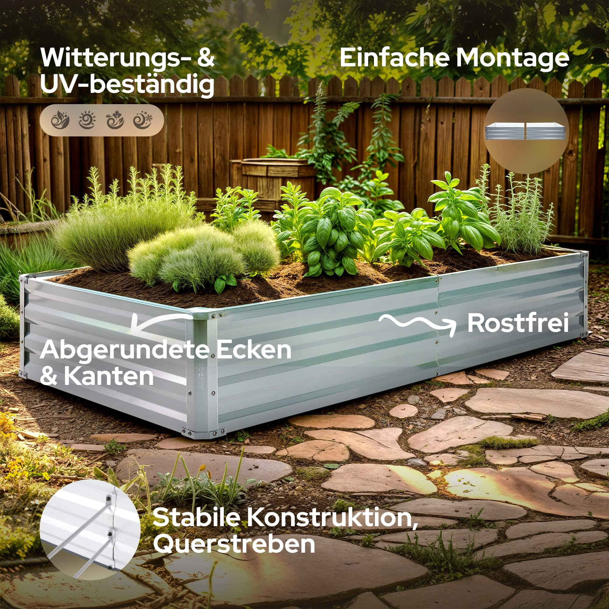 Ein Metall-Gartenbeet mit Pflanzen. Text sagt 'Witterungs- und UV-beständig' und 'Rostfrei'.