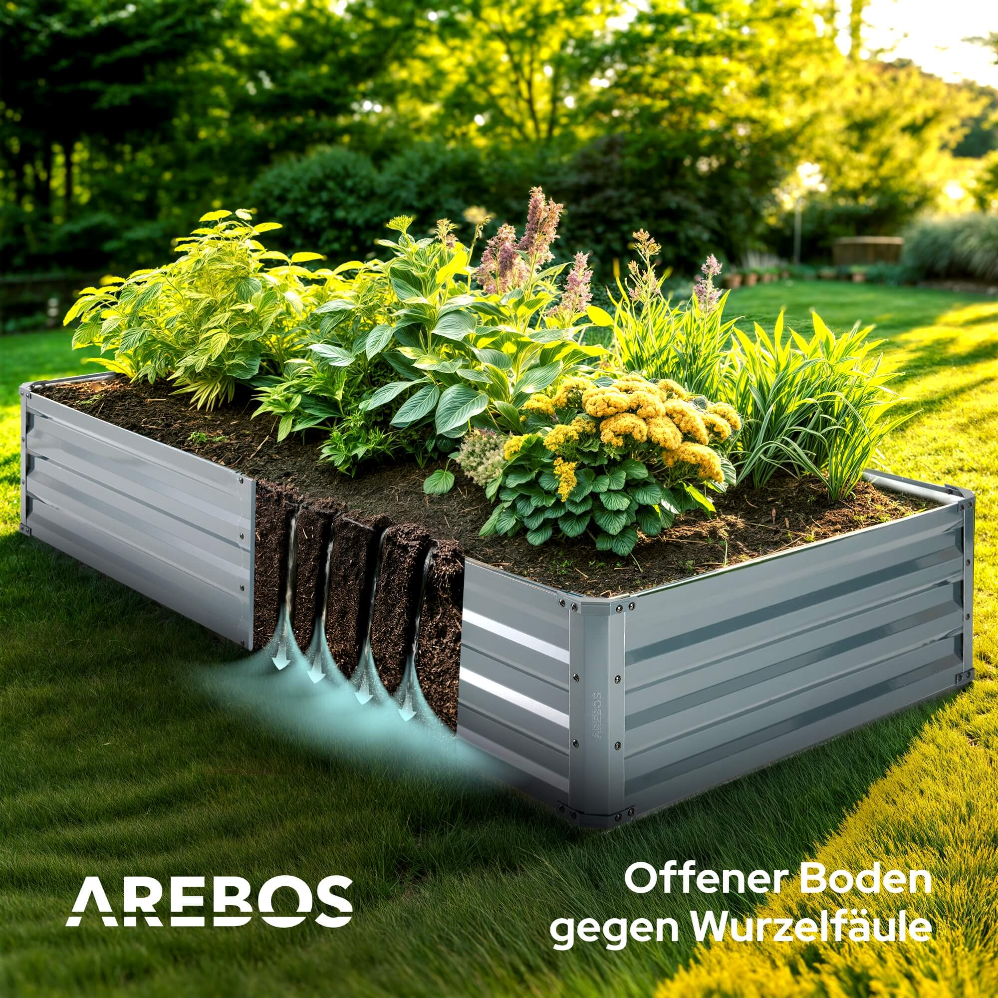 Ein erhöhtes Gartenbeet mit Ausschnitt, der Erde und Pflanzen zeigt, mit dem AREBOS-Logo.