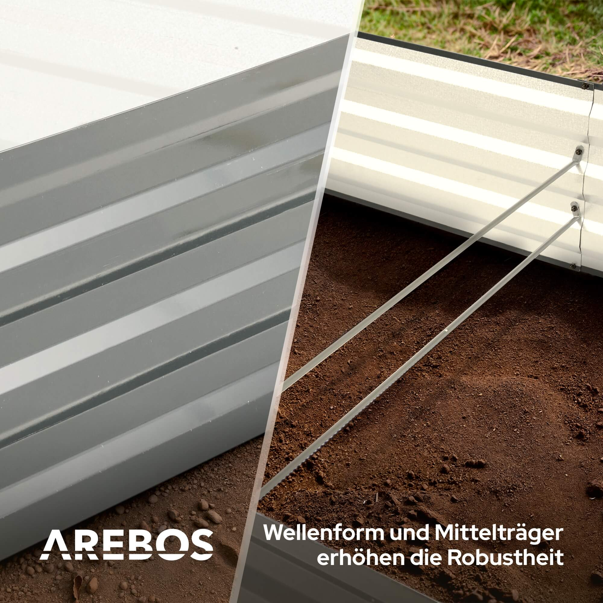 Ein Metall-Gartenbeet mit Text auf Deutsch über Robustheit und Wellenform.