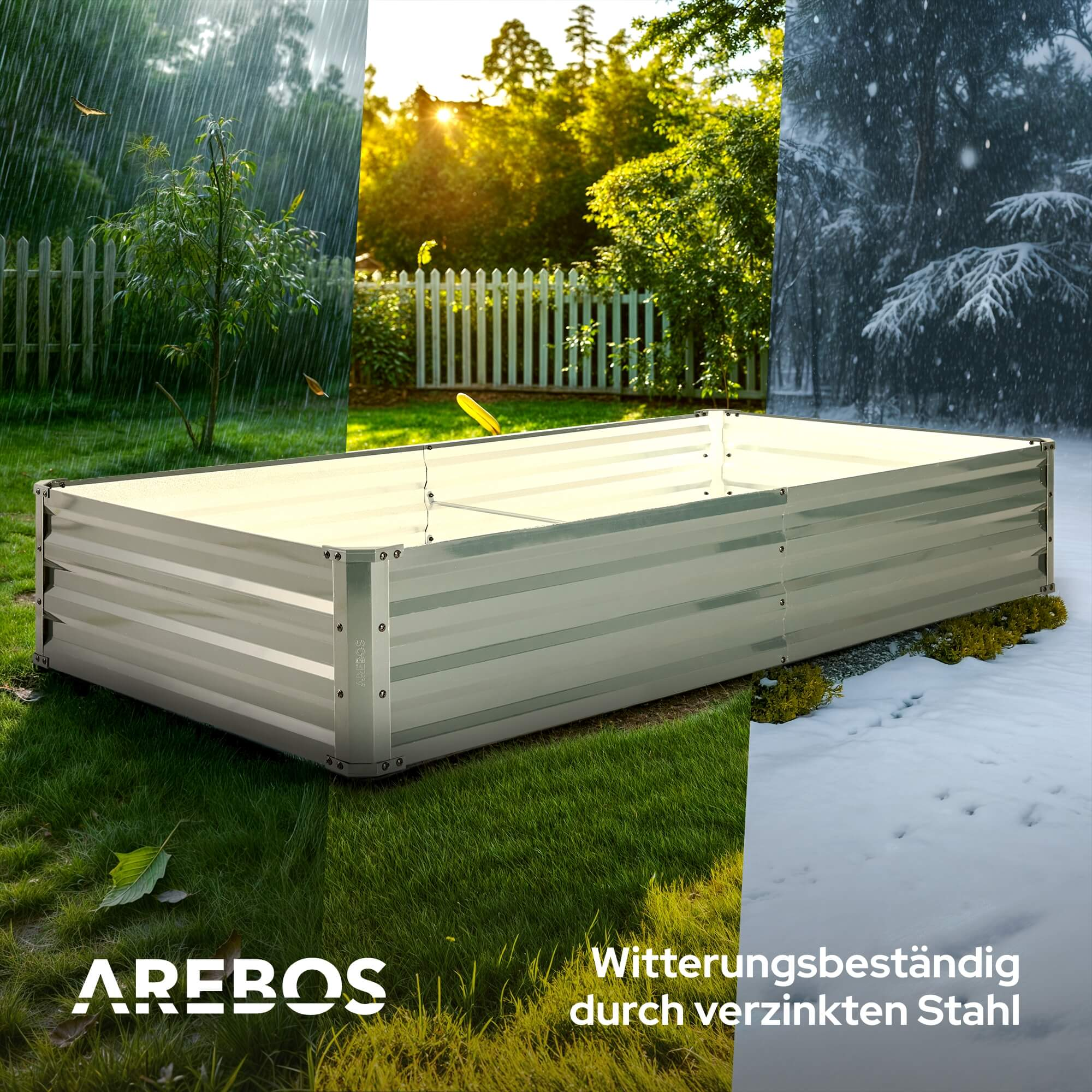 Metall-Gartenbeet unter verschiedenen Wetterbedingungen, Regen, Sonne und Schnee, mit Logo.