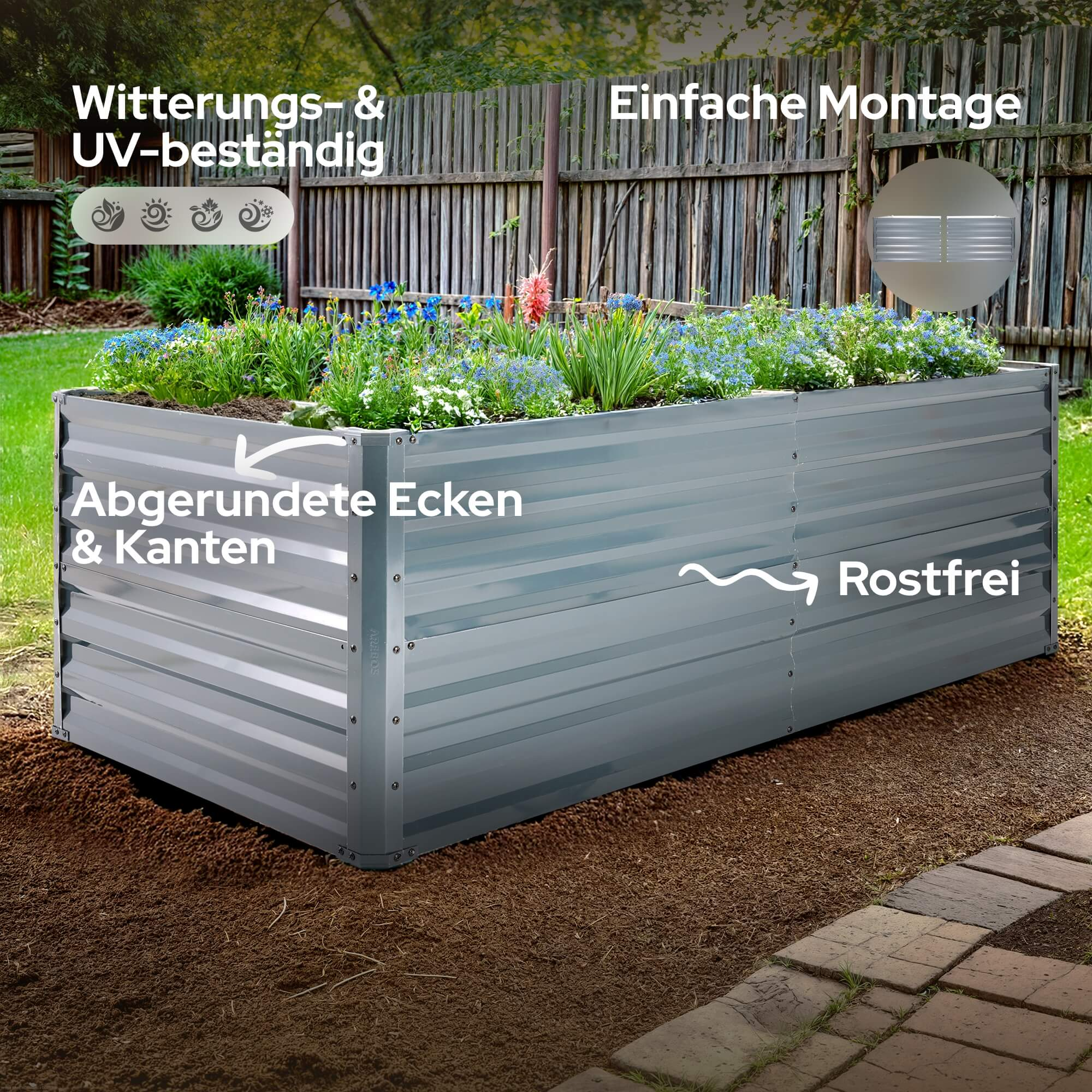 Ein Hochbeet mit Pflanzen in einer Garteneinstellung.