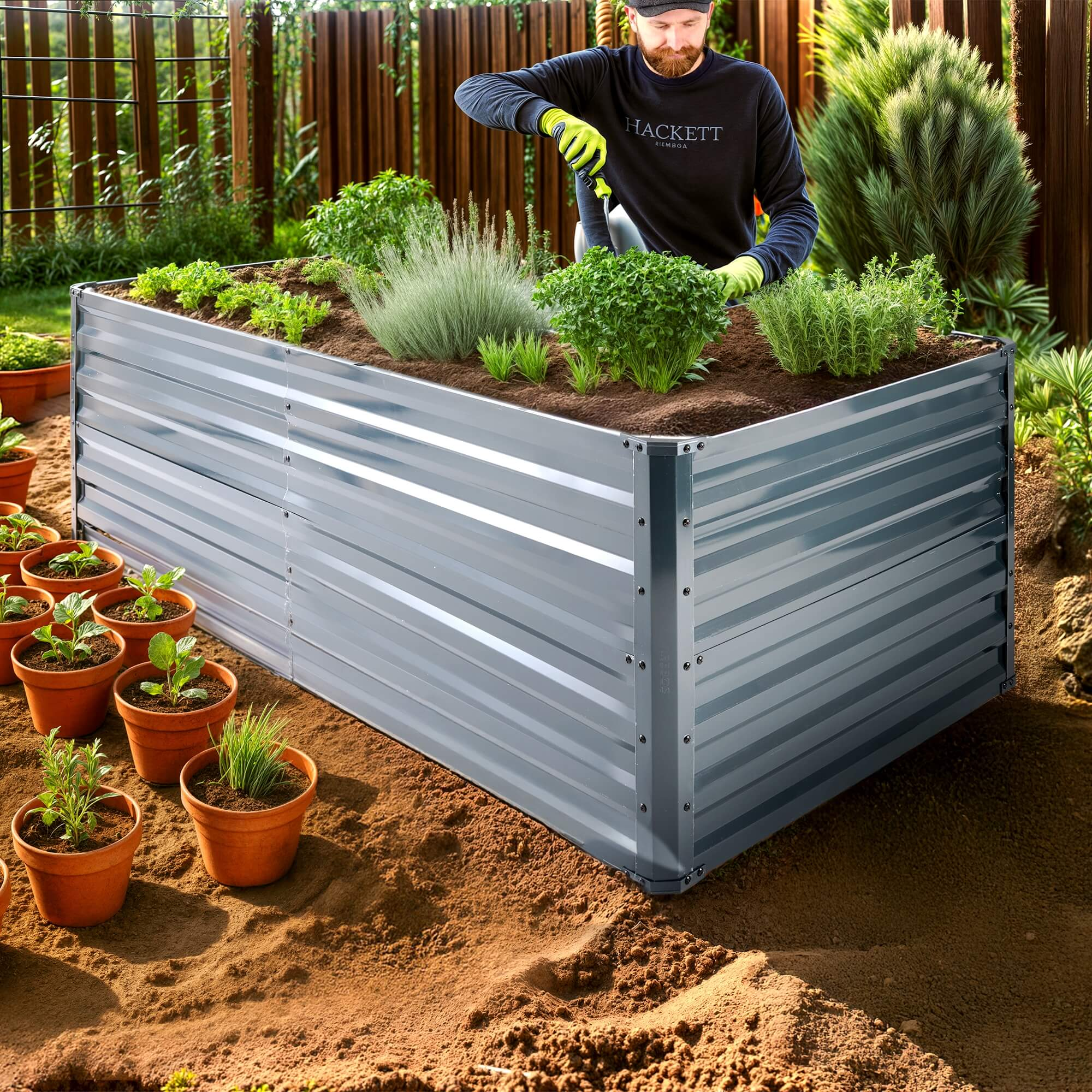 Ein Mann gärtnert in einem erhöhten Metallbeet mit Pflanzen. Vorne stehen Topfpflanzen, dahinter ein Zaun.