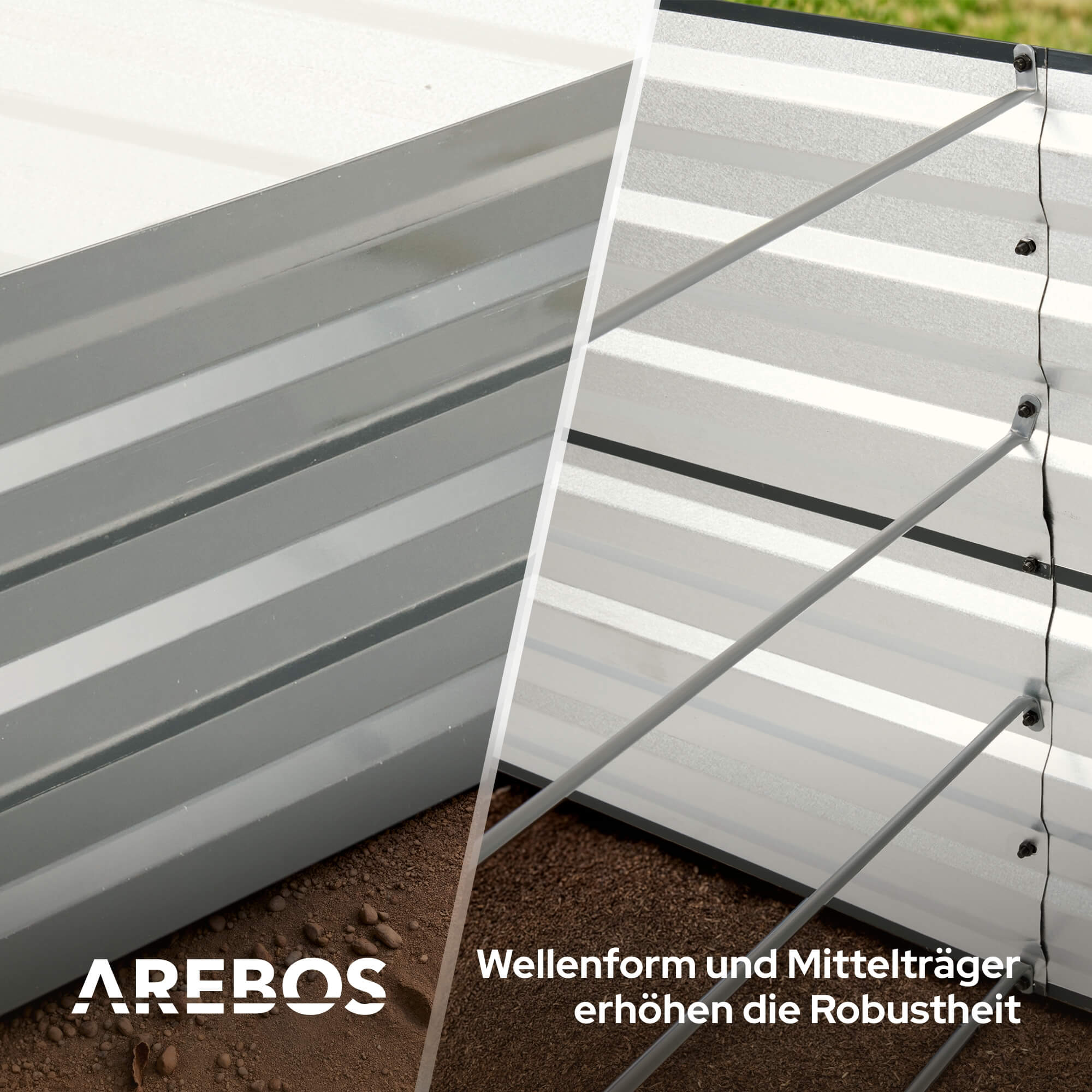 Metallstruktur mit Text: 'Wellform und Mittelträger erhöhen die Robustheit'.