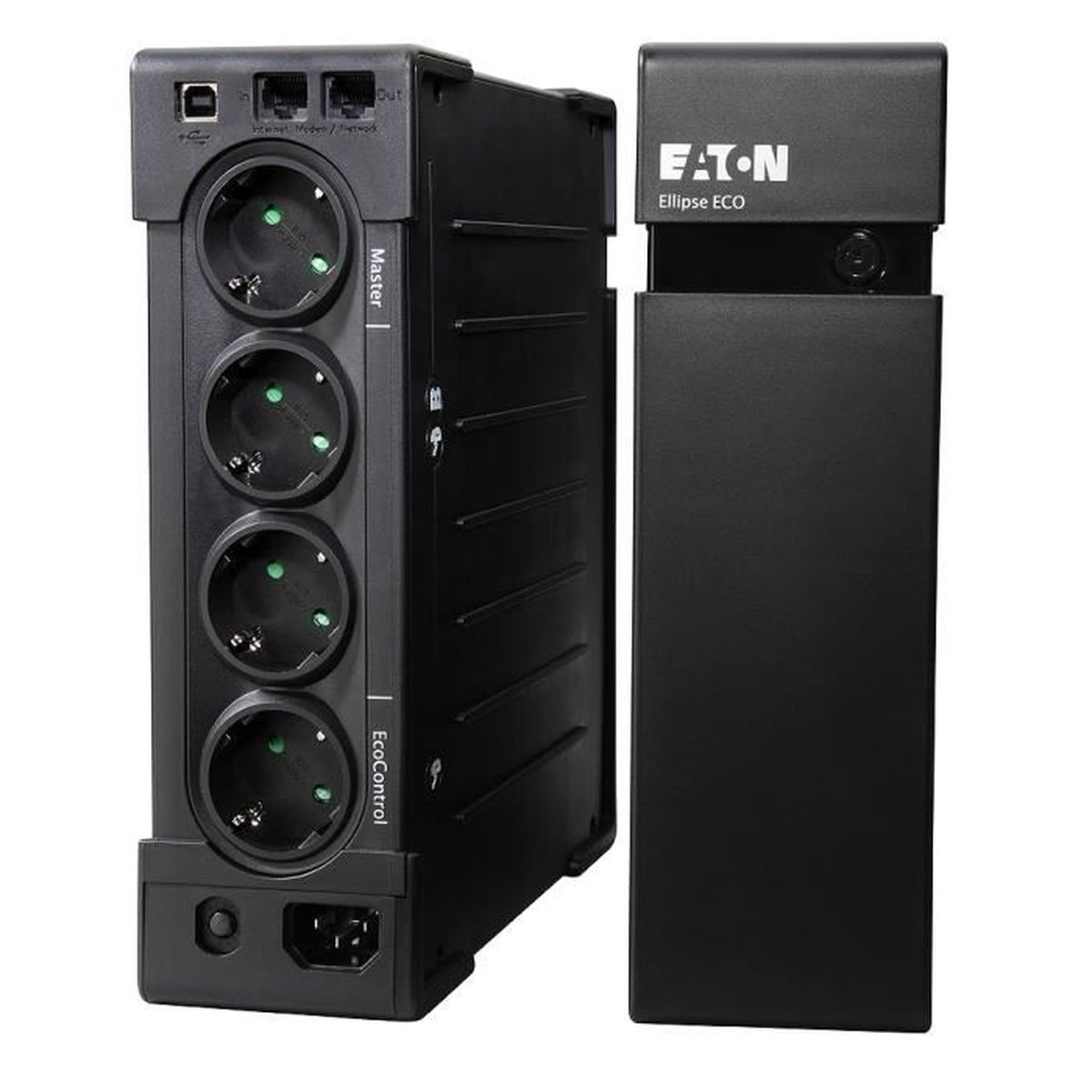 Eaton Ellipse ECO SAI negra. Cuenta con múltiples tomas de corriente y una sección Master/EcoControl.