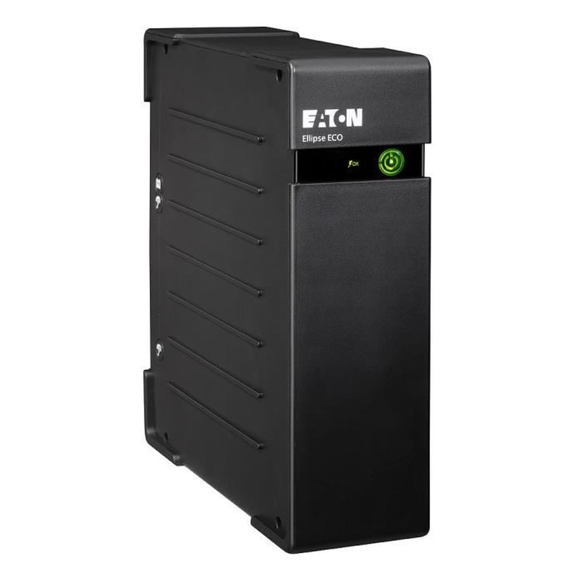 Un SAI Eaton Ellipse ECO negro, un rectángulo negro con el nombre de la marca y un botón de encendido.