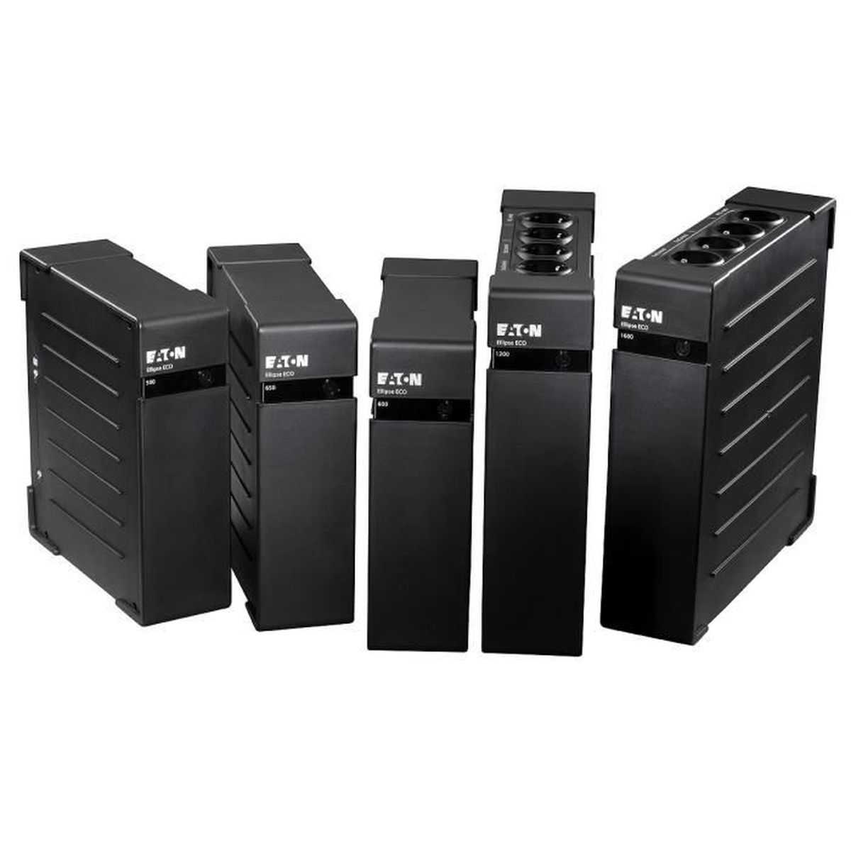 Cinco dispositivos UPS negros colocados en fila. Cada uno tiene la marca Eaton.