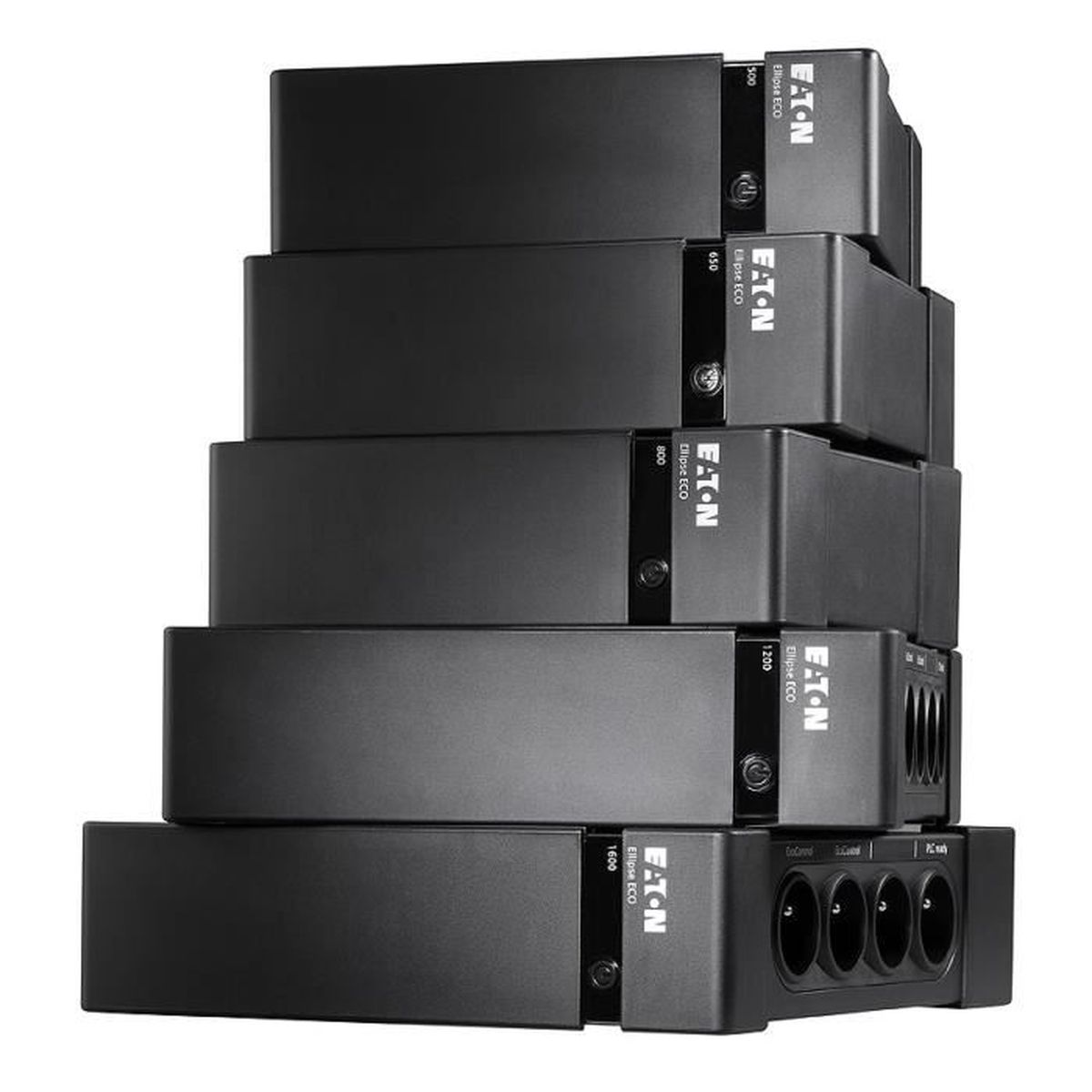 Pila de dispositivos UPS Eaton negros, varios tamaños, etiquetados.
