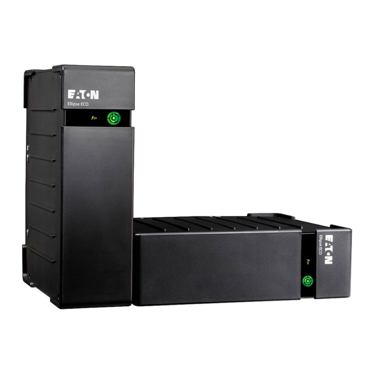 UPS Eaton Ellipse ECO negro. Dos partes, una vertical, otra horizontal. Botón de encendido verde y logotipo.