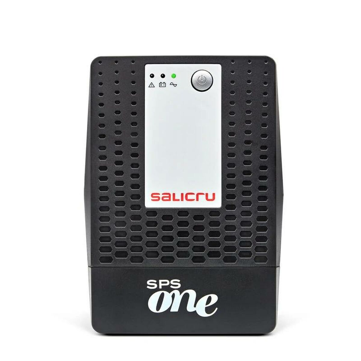 Un dispositivo UPS negro con un centro blanco y un botón de encendido. La marca "salicru" está en la parte blanca.