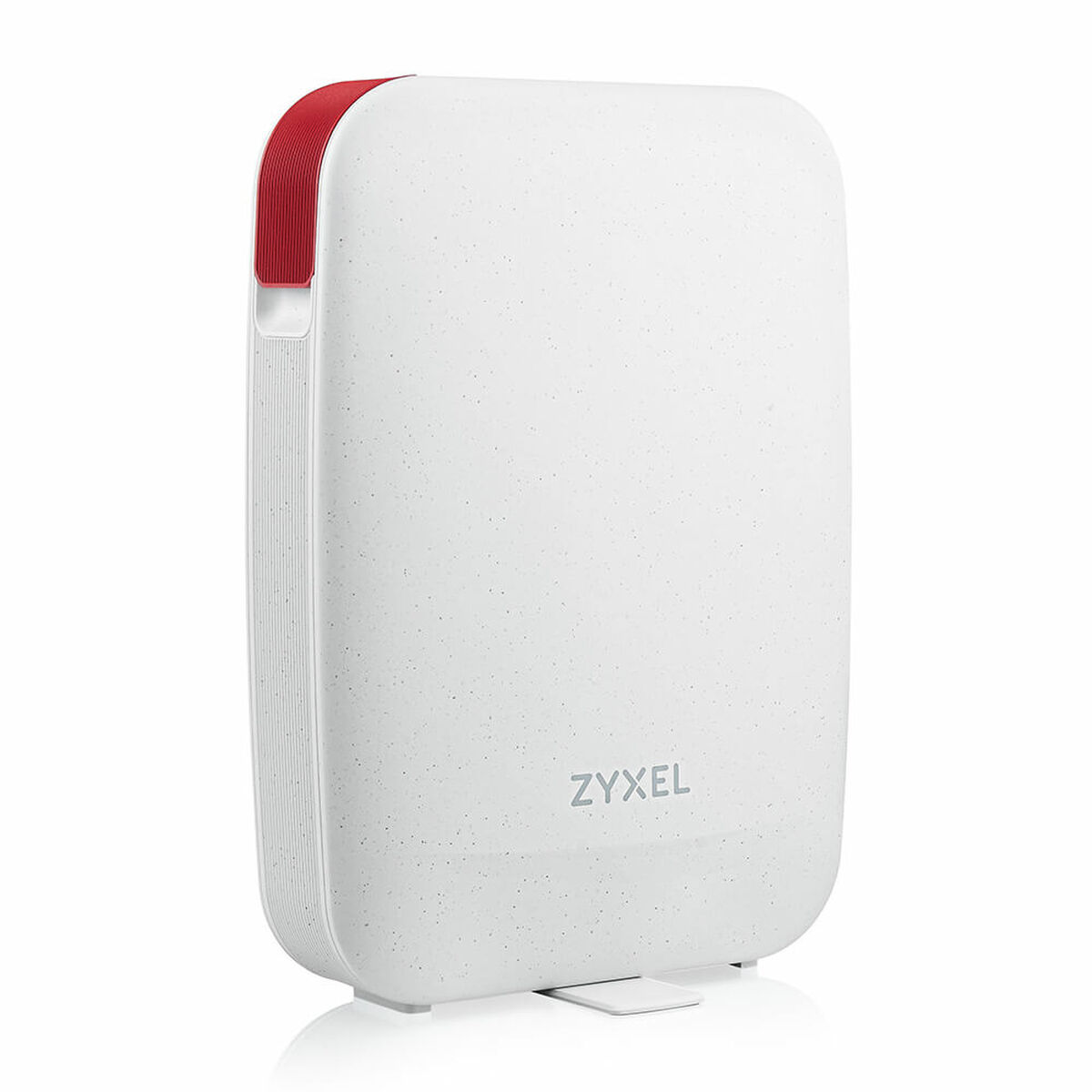 Router Zyxel blanco con acento rojo.