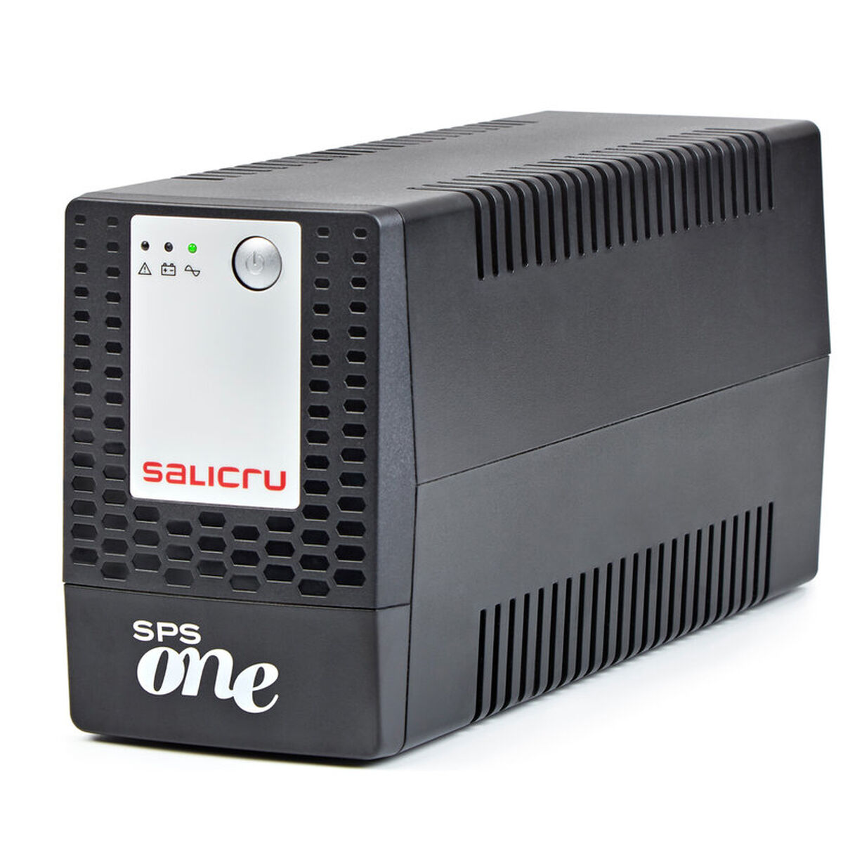 Dispositivo SAI (Sistema de Alimentación Ininterrumpida) negro. Tiene botón de encendido, luces y ventilaciones.