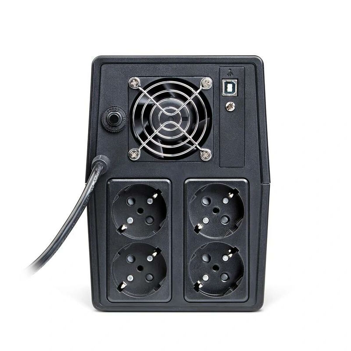 Regleta negra con cuatro enchufes y un ventilador en la parte trasera.