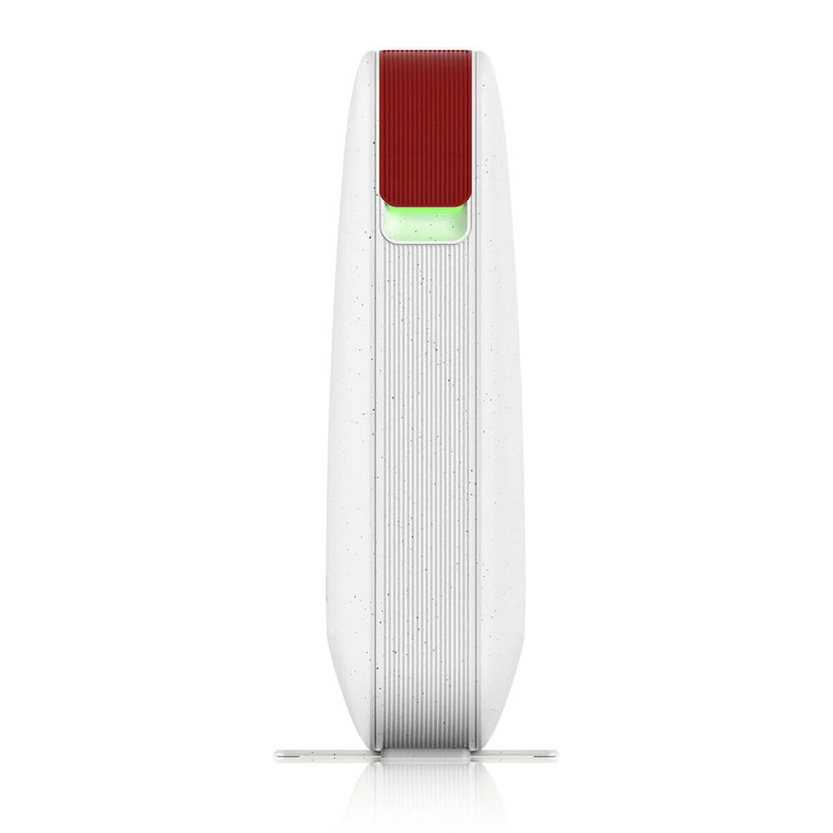 Dispositivo blanco con parte superior roja, luz verde. Diseño vertical, de pie. Superficie reflectante.