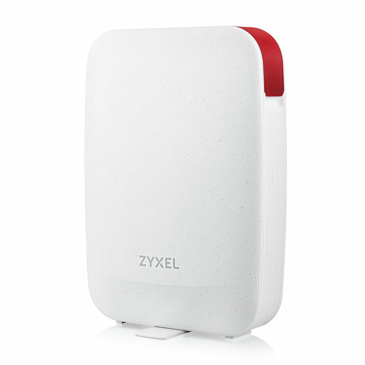 Router Zyxel blanco con acento rojo arriba, sobre superficie blanca.