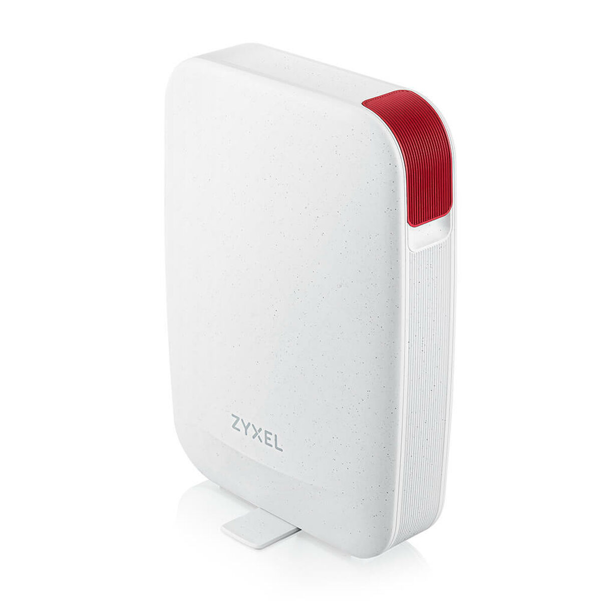 Router Zyxel blanco con acento rojo sobre fondo blanco.