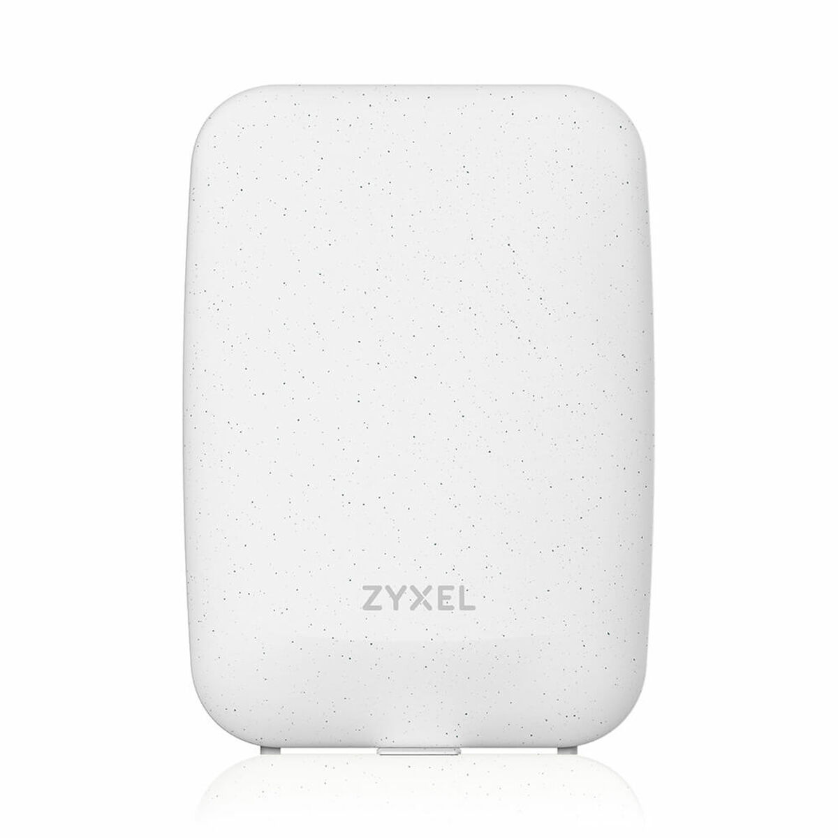 Dispositivo de enrutador blanco con superficie punteada, aislado sobre fondo blanco, mostrando la marca ZYXEL.