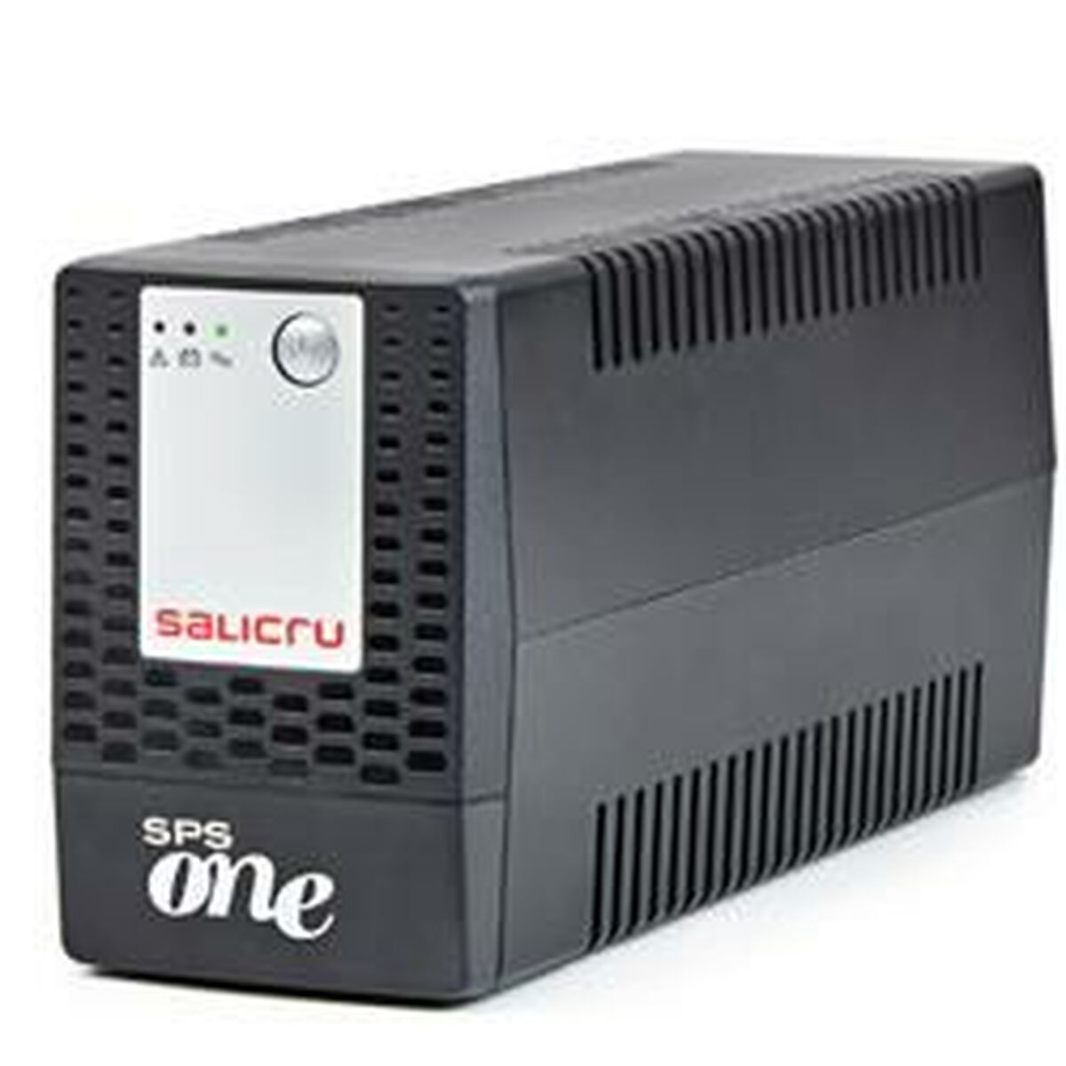 SAI negro de la marca Salicru. Tiene un botón de encendido y indicadores LED en la parte delantera.