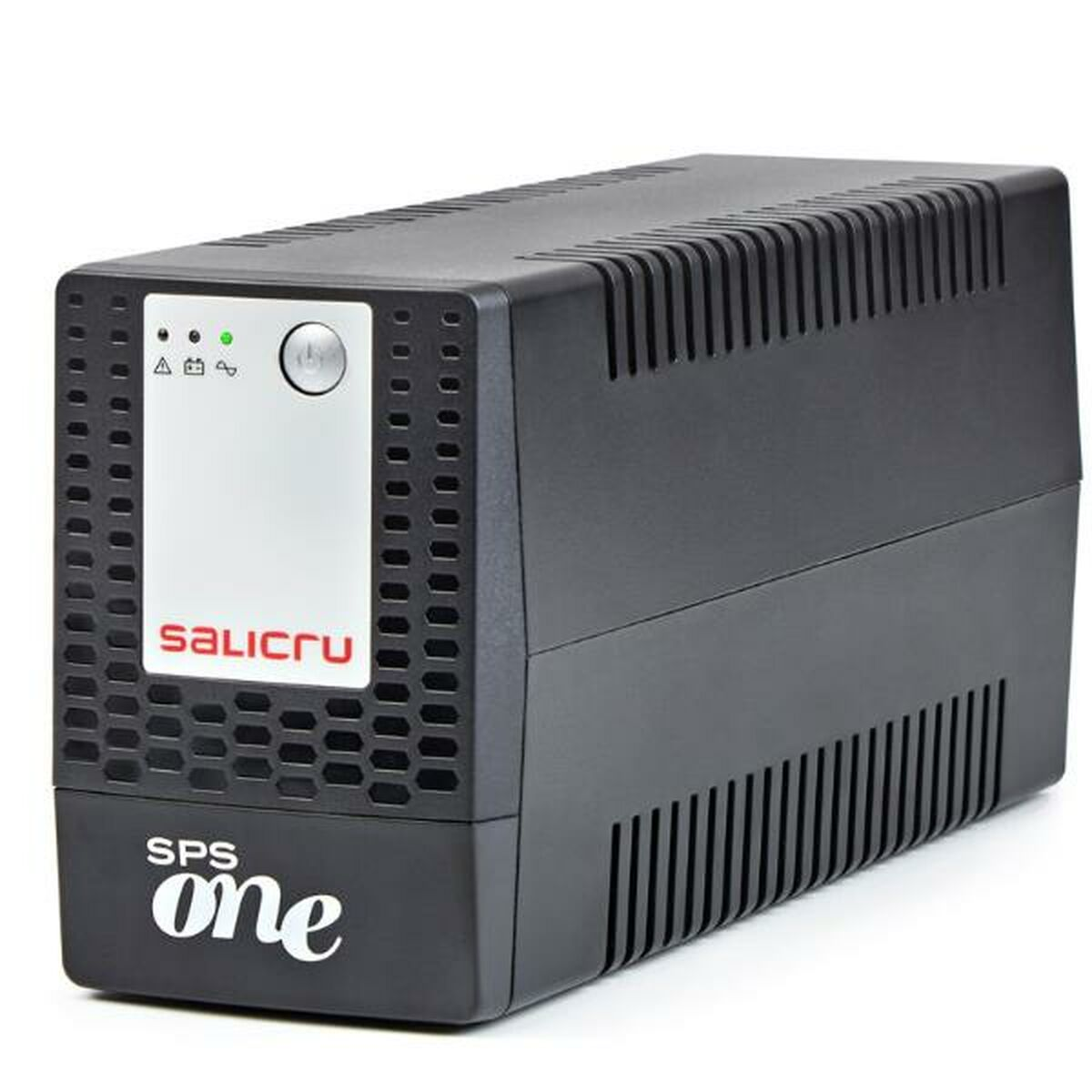 UPS Salicru SPS One negro. Rectangular con panel de control blanco. Logotipo SPS One.