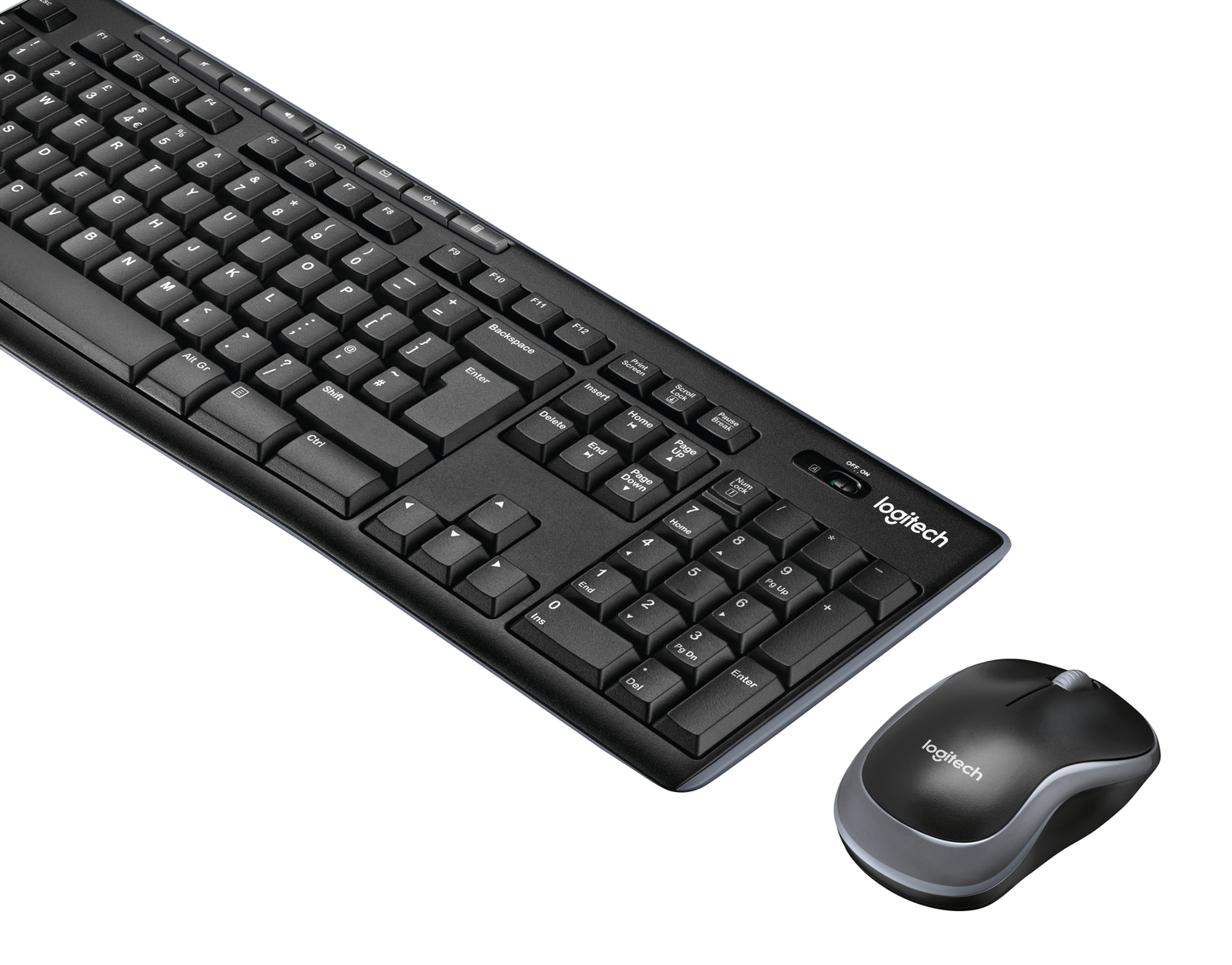 Conjunto de teclado y ratón negro sobre fondo blanco. Las teclas del teclado son visibles. Logotipo de Logitech en el ratón.