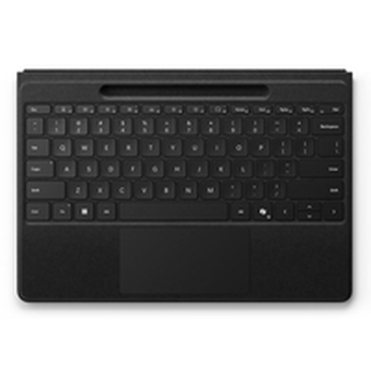 Custodia per tastiera nera con touchpad. La tastiera ha un layout standard, con tasti neri.