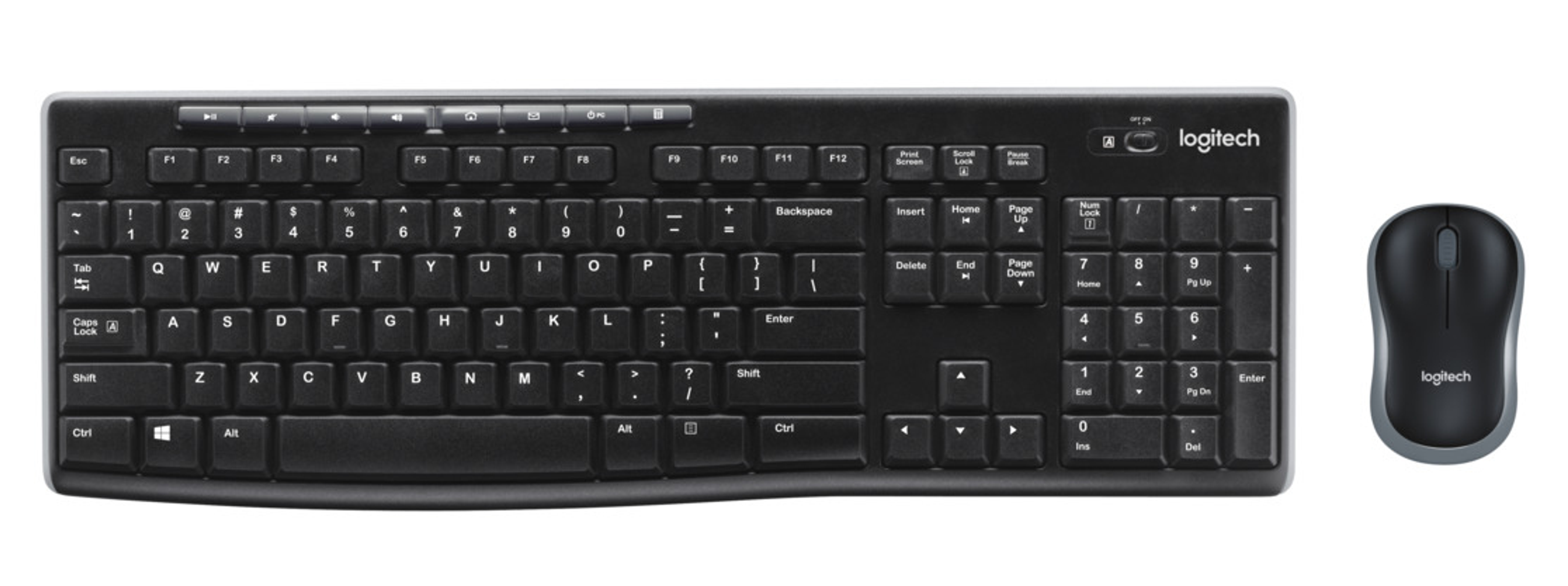 Conjunto de teclado y ratón inalámbricos Logitech negros. Teclado con muchas teclas, ratón a la derecha.