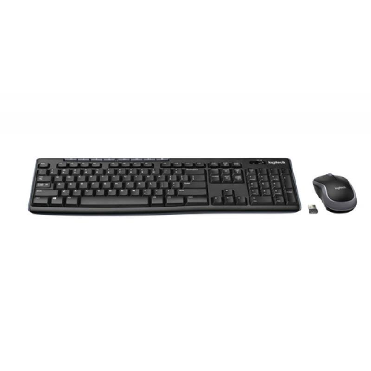 Teclado negro, ratón y receptor USB sobre fondo blanco.