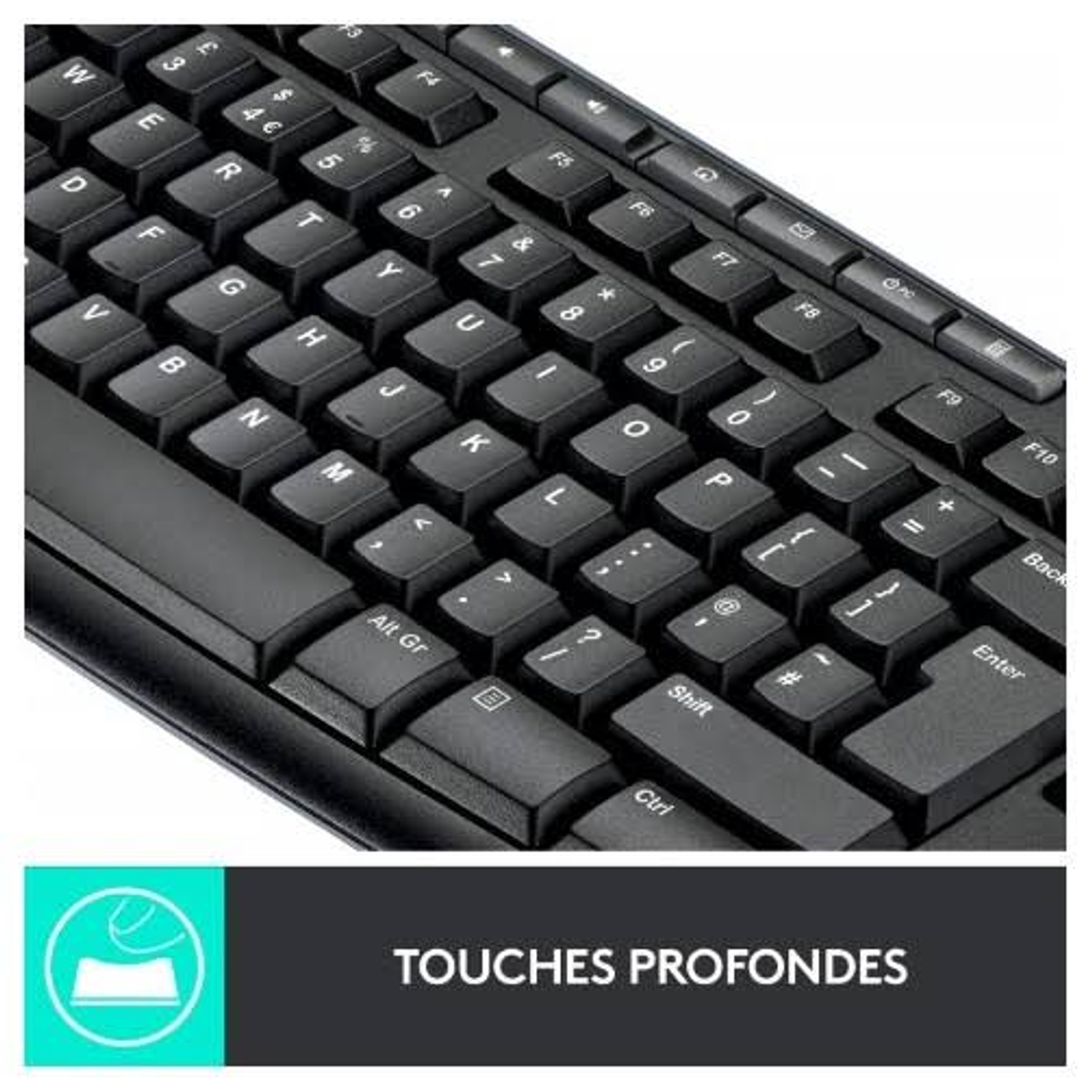 Primer plano de un teclado negro con teclas. Una caja verde azulado debajo dice 'TOUCHE PROFONDES'.
