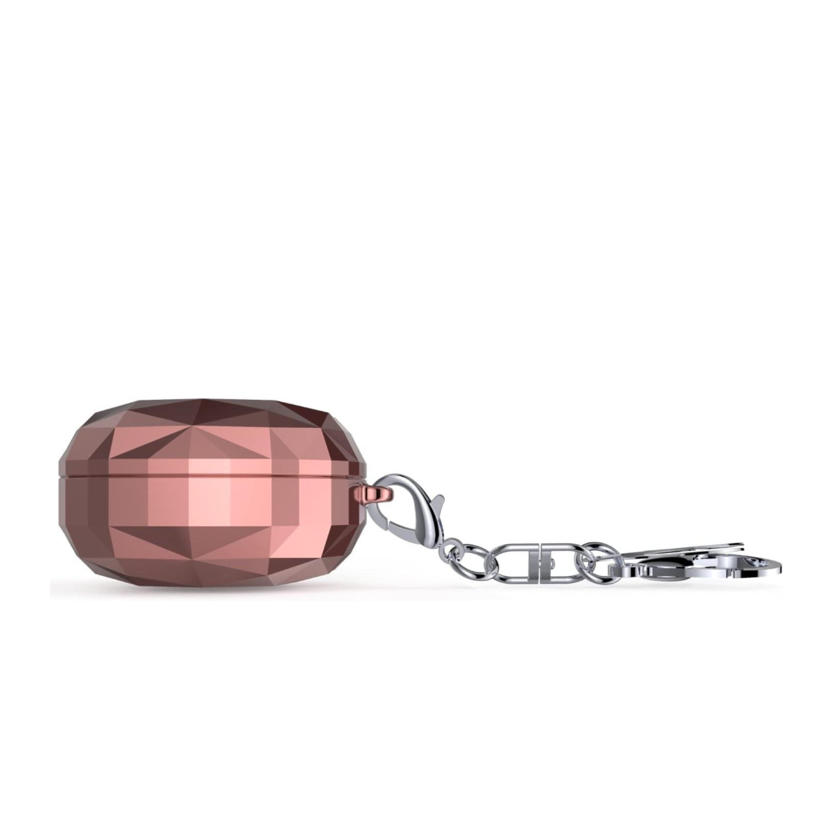 Roségoldenes Etui für Kopfhörer mit Schlüsselanhänger auf weißem Hintergrund.