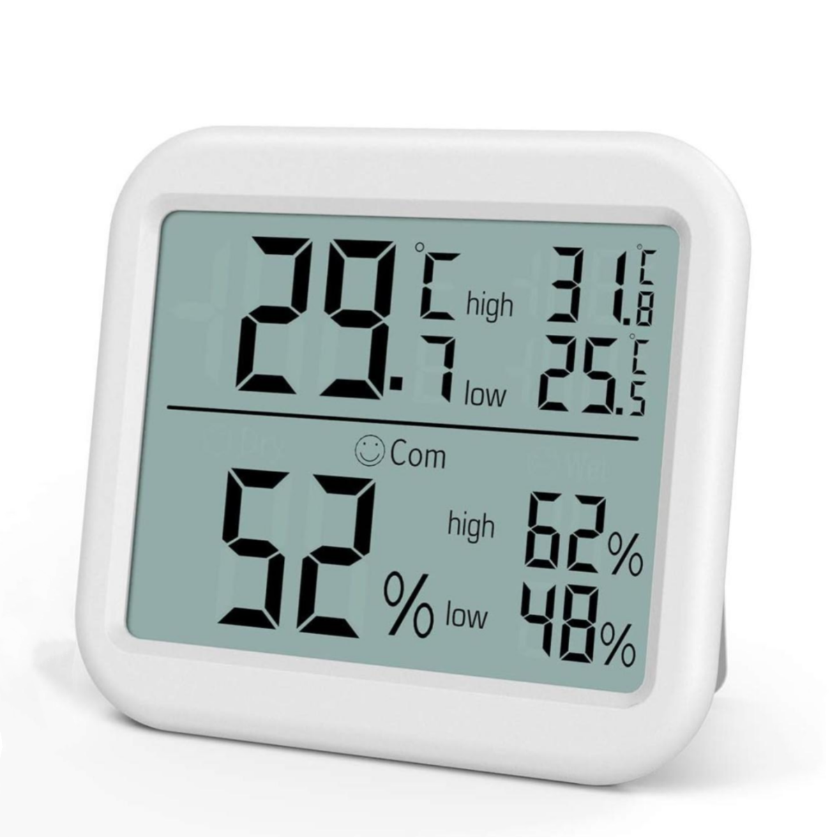 Ein weißes digitales Thermometer zeigt Temperatur- und Feuchtigkeitsmesswerte auf einem hellgrünen Bildschirm an.