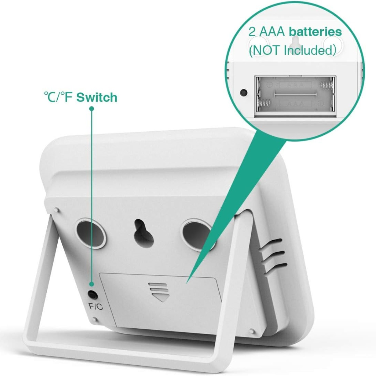 Die Rückseite eines weißen digitalen Thermometers mit Ständer wird gezeigt, mit einem Batteriesteckplatz.