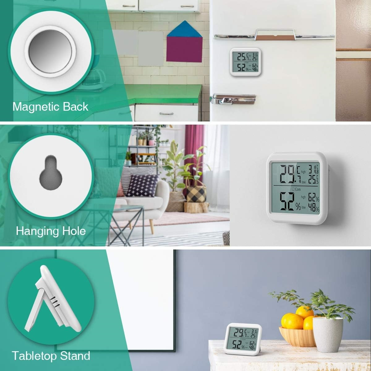 Weißes digitales Thermometer mit Temperatur und Luftfeuchtigkeit, mit Magnetrückseite, Aufhängeloch und Ständer.