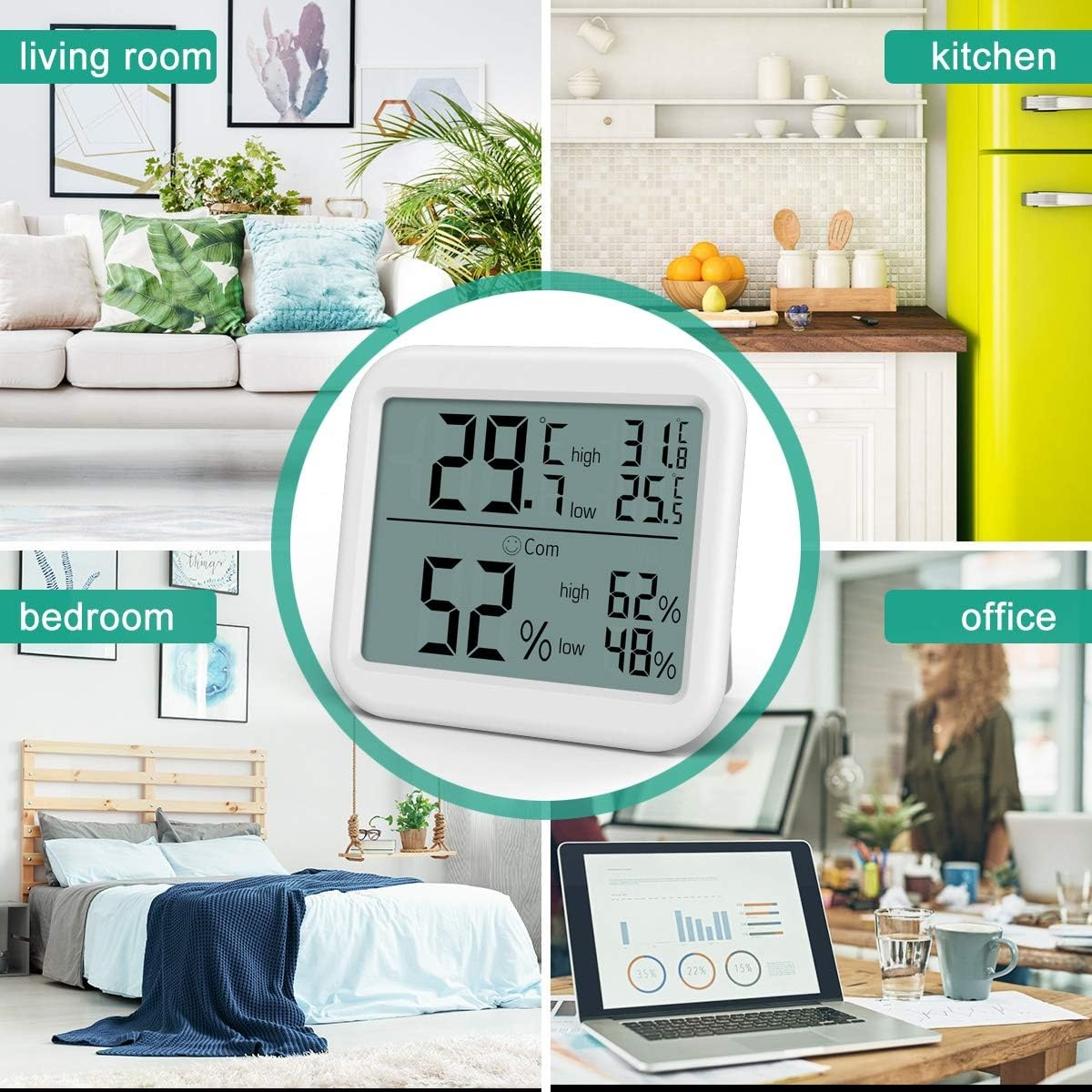 Digitales Thermometer zeigt Temperatur und Luftfeuchtigkeit. Szenen: Wohnzimmer, Küche, Schlafzimmer, Büro.