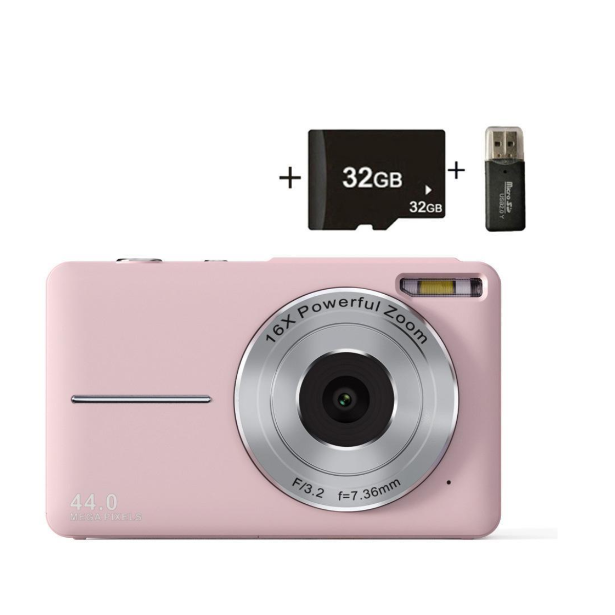 Rosa Digitalkamera mit 32 GB Speicherkarte und USB-Stick. Die Kamera hat ein Zoomobjektiv.