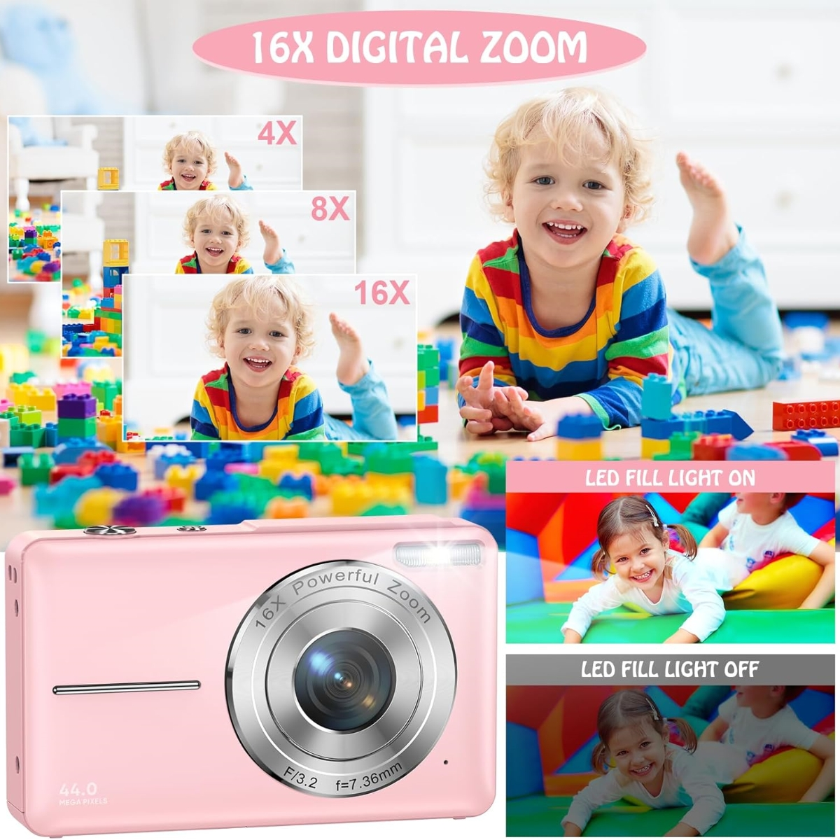 Rosa Digitalkamera mit Junge im Bild, Zoomoptionen und LED-Fülllicht ein/aus.