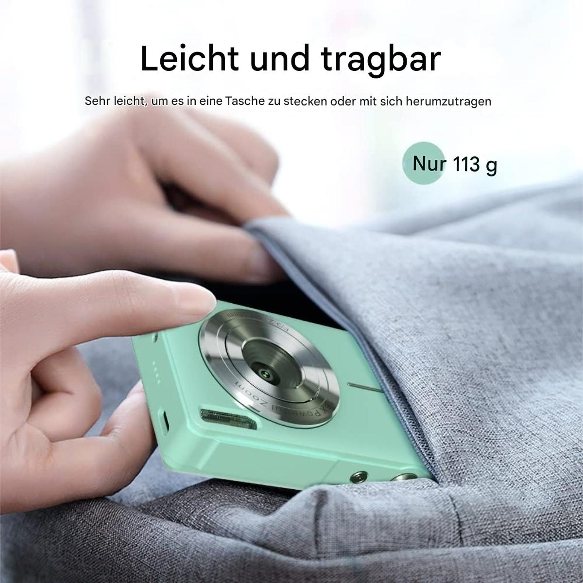 Eine Person hält eine hellgrüne Kamera in einer grauen Tasche, deutscher Text.