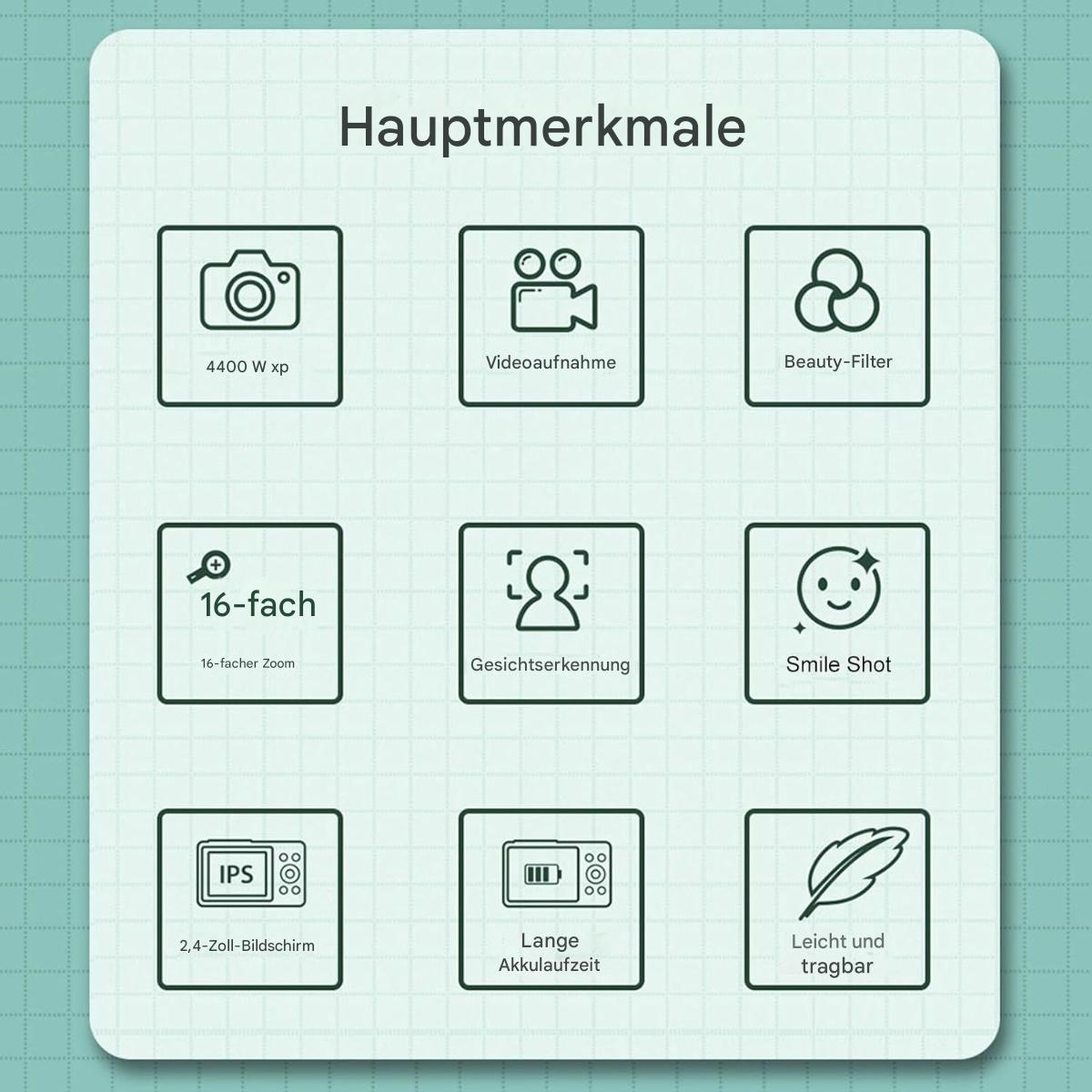 Symbole mit Gerätefunktionen: Kamera, Video, Filter, Zoom, Gesichtserkennung, Lächeln, Bildschirm, Akku, Licht.