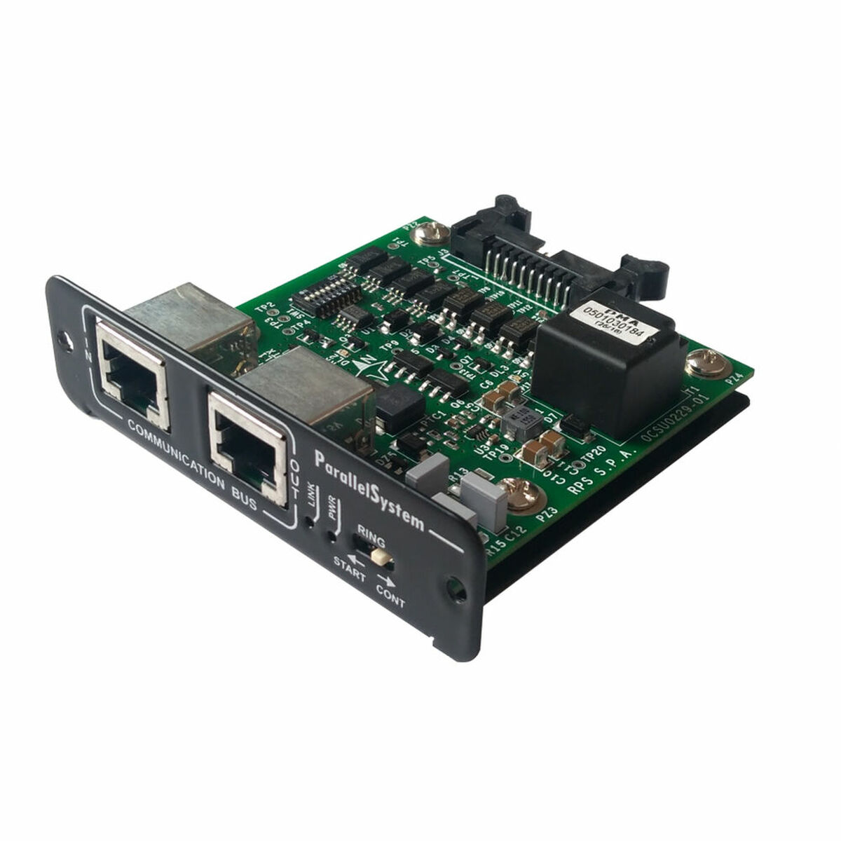 Placa de circuito de bus de comunicación con conectores y componentes.