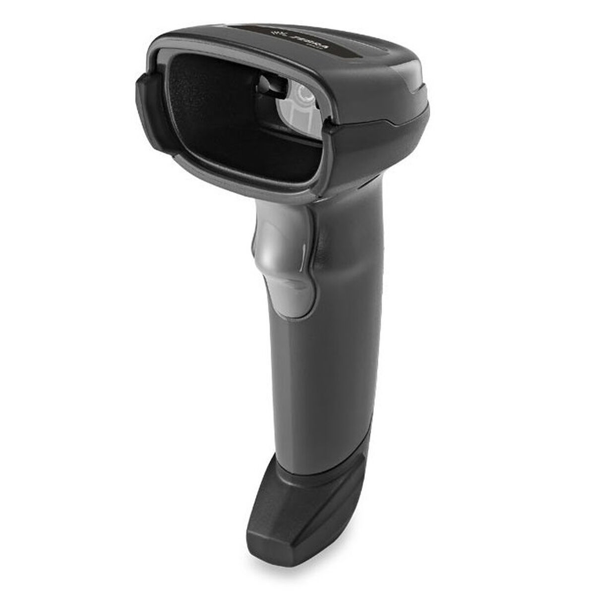 Schwarzer Barcode-Scanner. Er hat einen Griff und eine Öffnung.