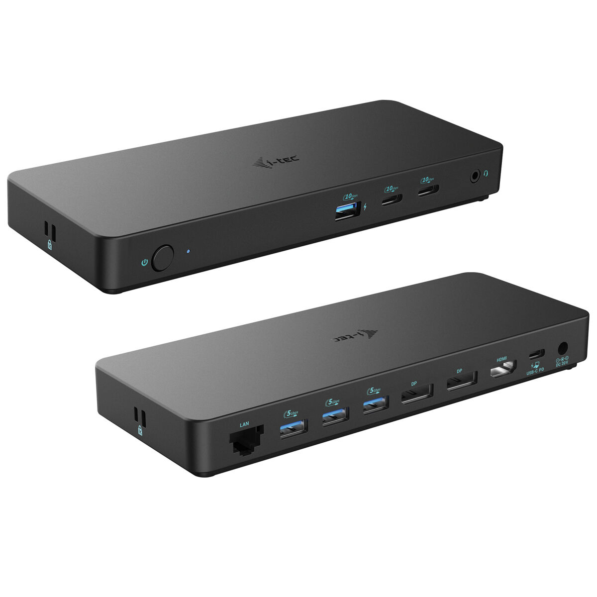 Black docking station with ports, displayed from two different angles.