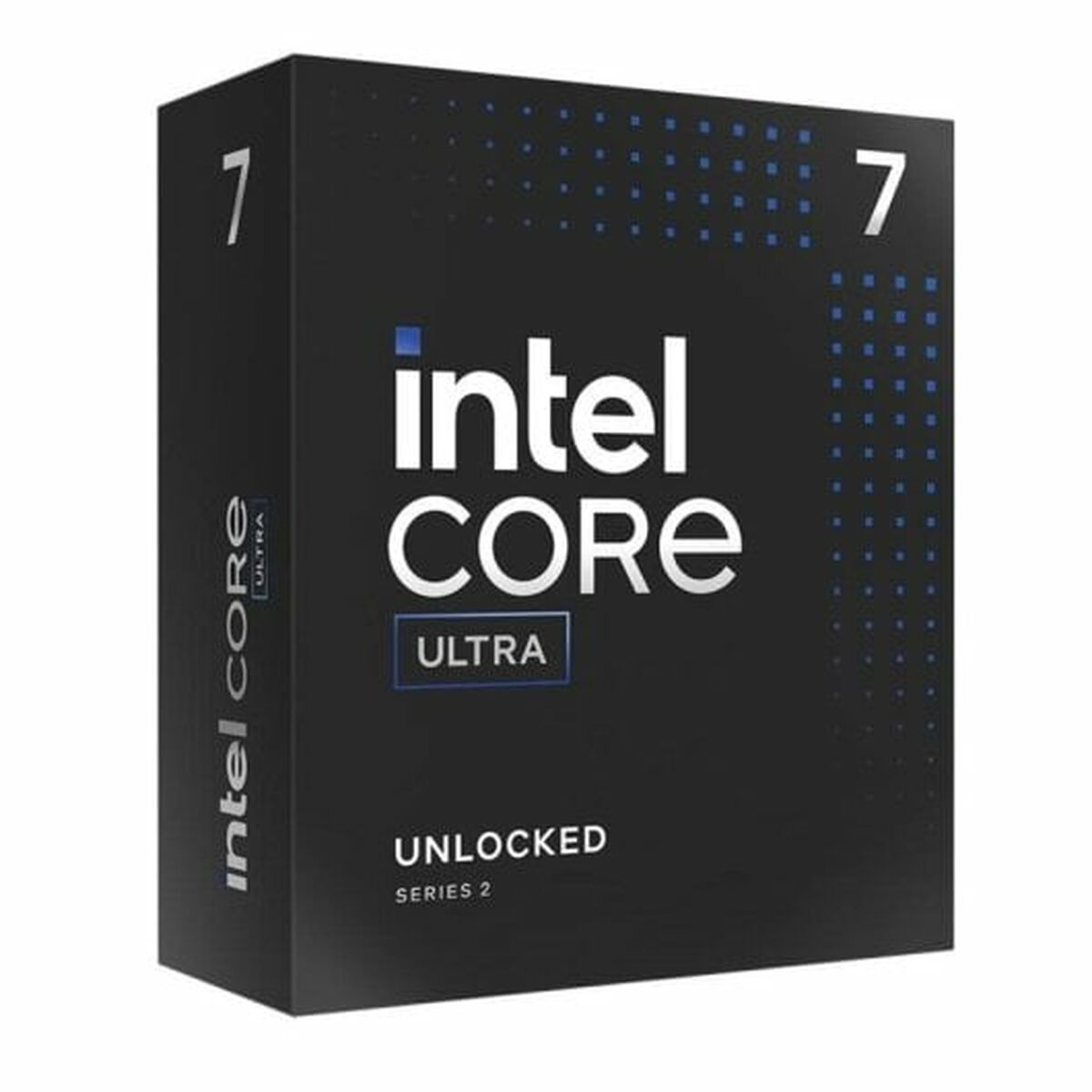 Czarne pudełko z logo Intel Core Ultra. Pudełko ma 7 na górze i z boku. Napisano UNLOCKED.
