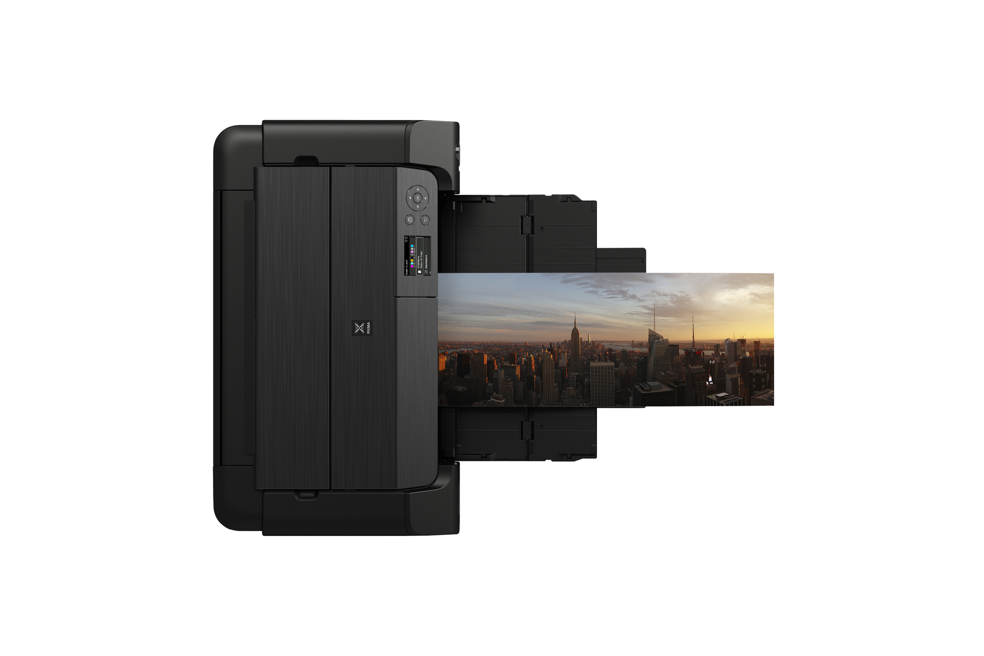 Czarna drukarka z wydrukiem przedstawiającym panoramę miasta. Drukarka jest częściowo otwarta.
