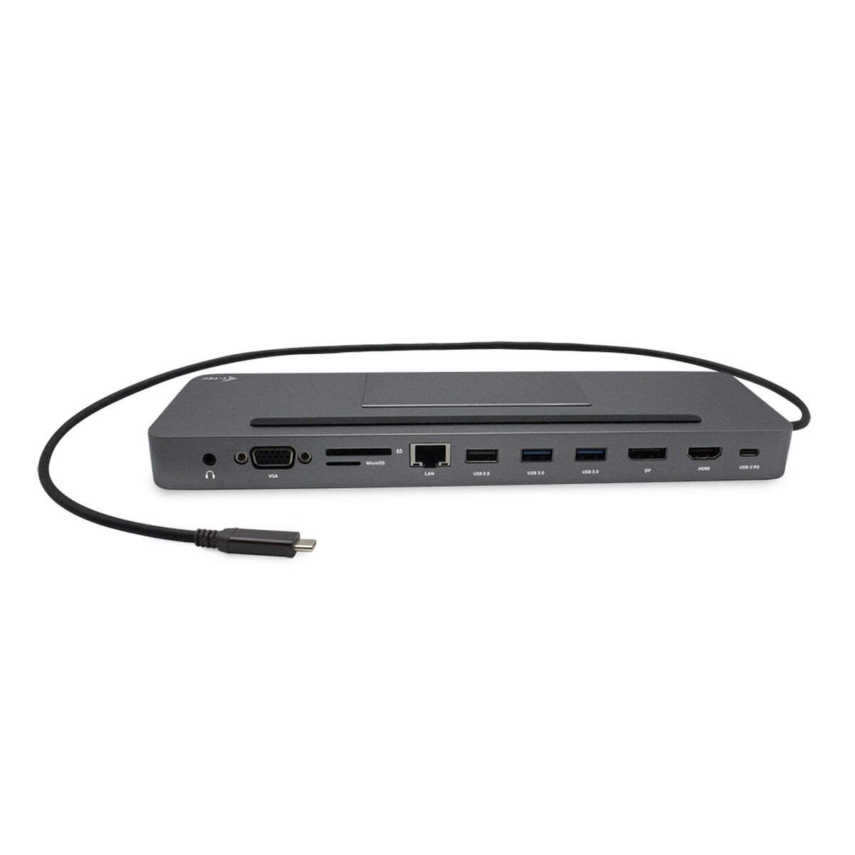 Una docking station nera e grigia con varie porte e un cavo collegato.