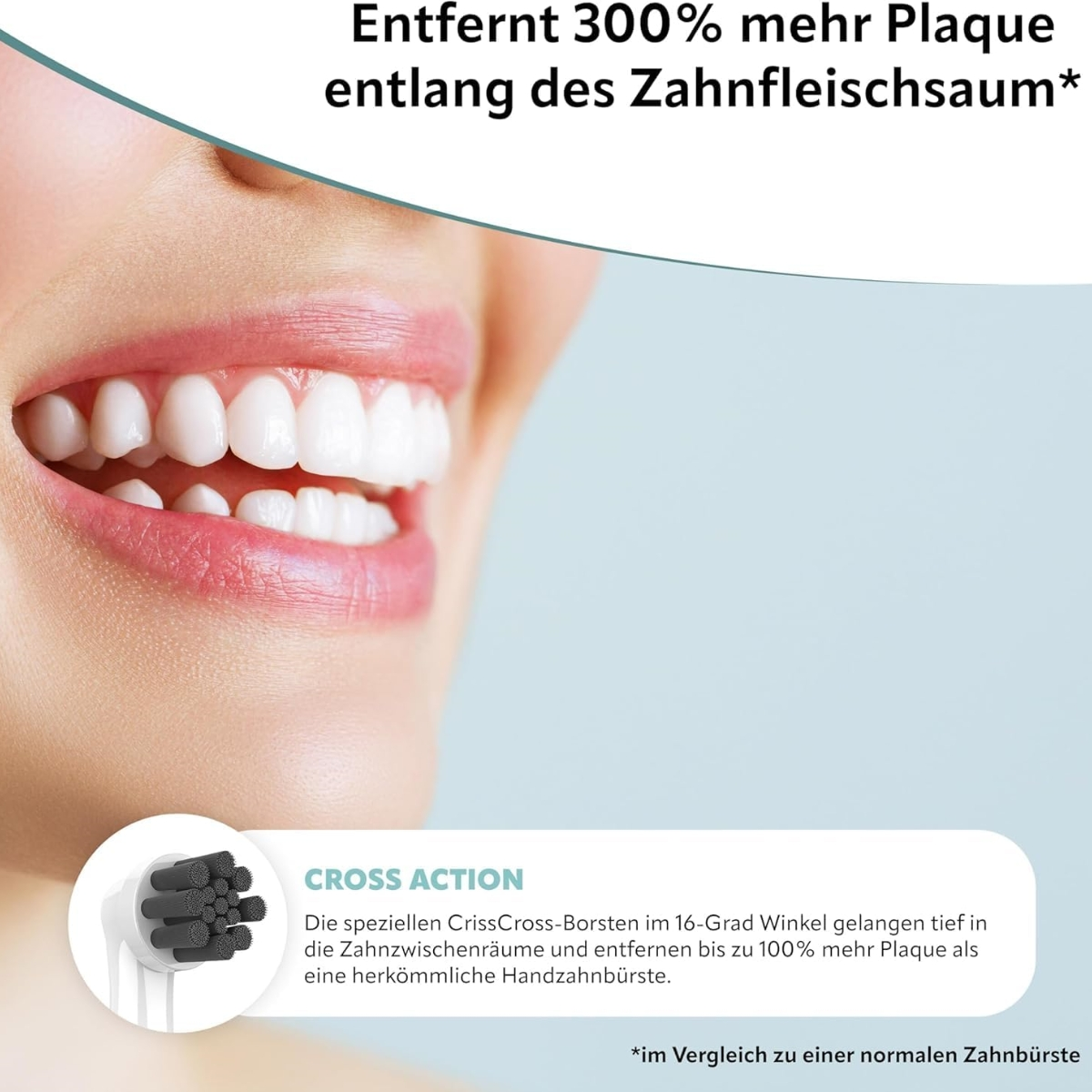 Eine Person lächelt mit gesunden weißen Zähnen und einem Zahnbürstenkopf.