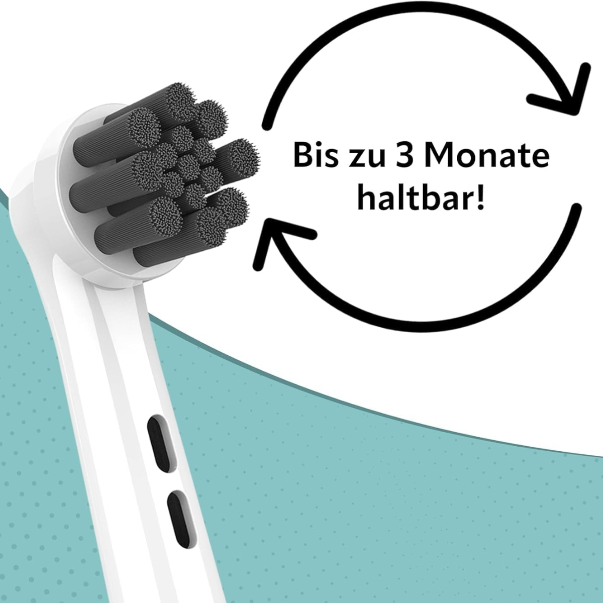 Nahaufnahme eines weißen Zahnbürstenkopfes mit dunklen Borsten und Pfeil für 3 Monate Haltbarkeit.